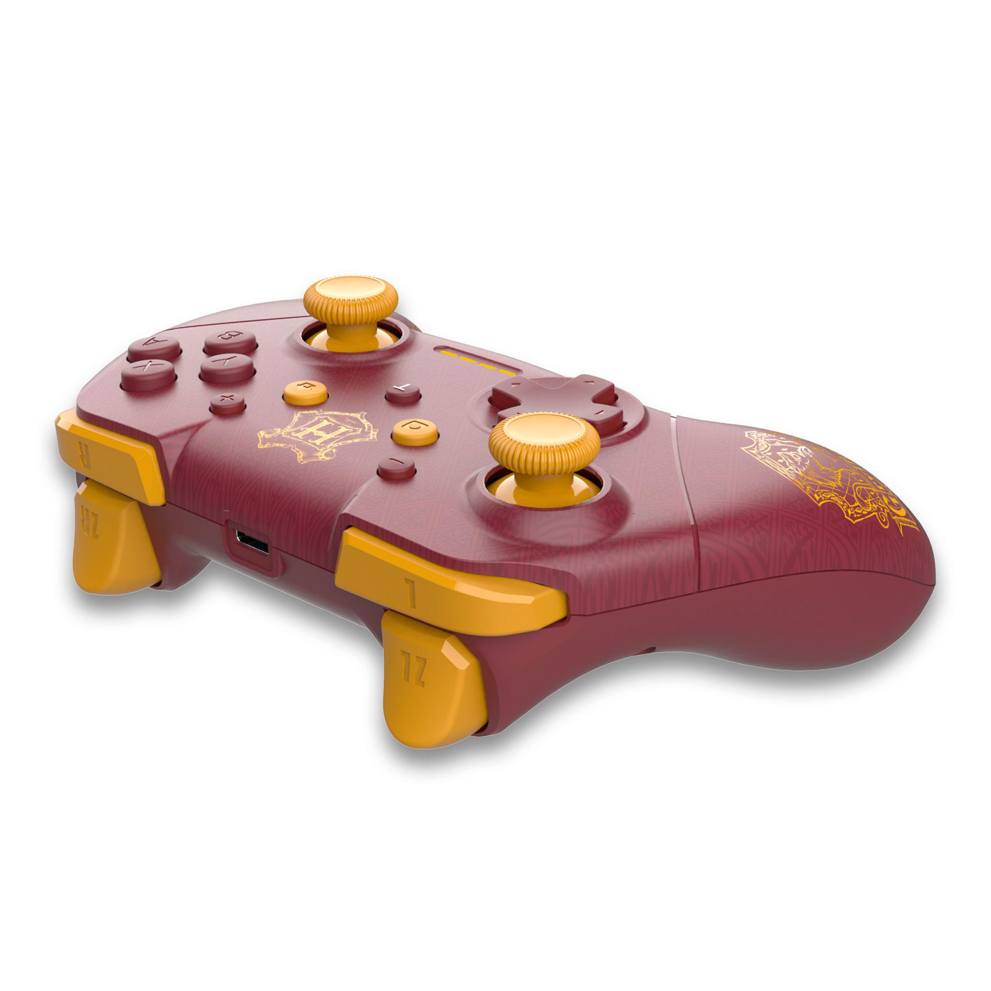 Weinroter und gelber Gaming-Controller auf weißem Hintergrund, mit Knöpfen.