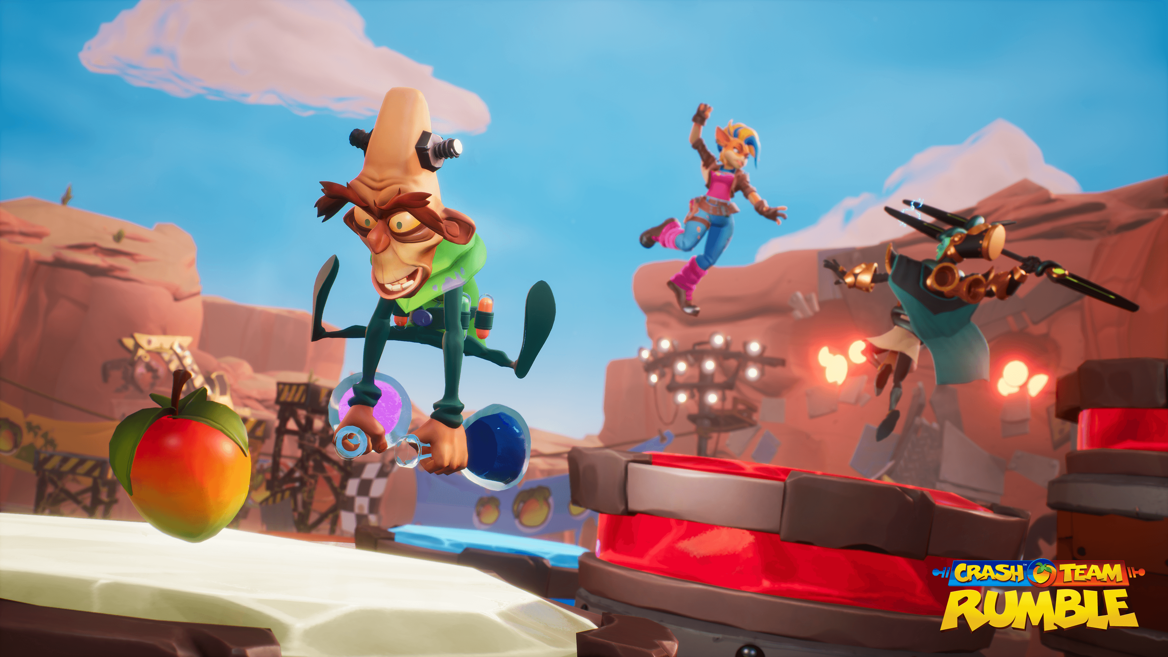 Scène de jeu Crash Team Rumble avec des personnages dans un environnement vif et caricatural.