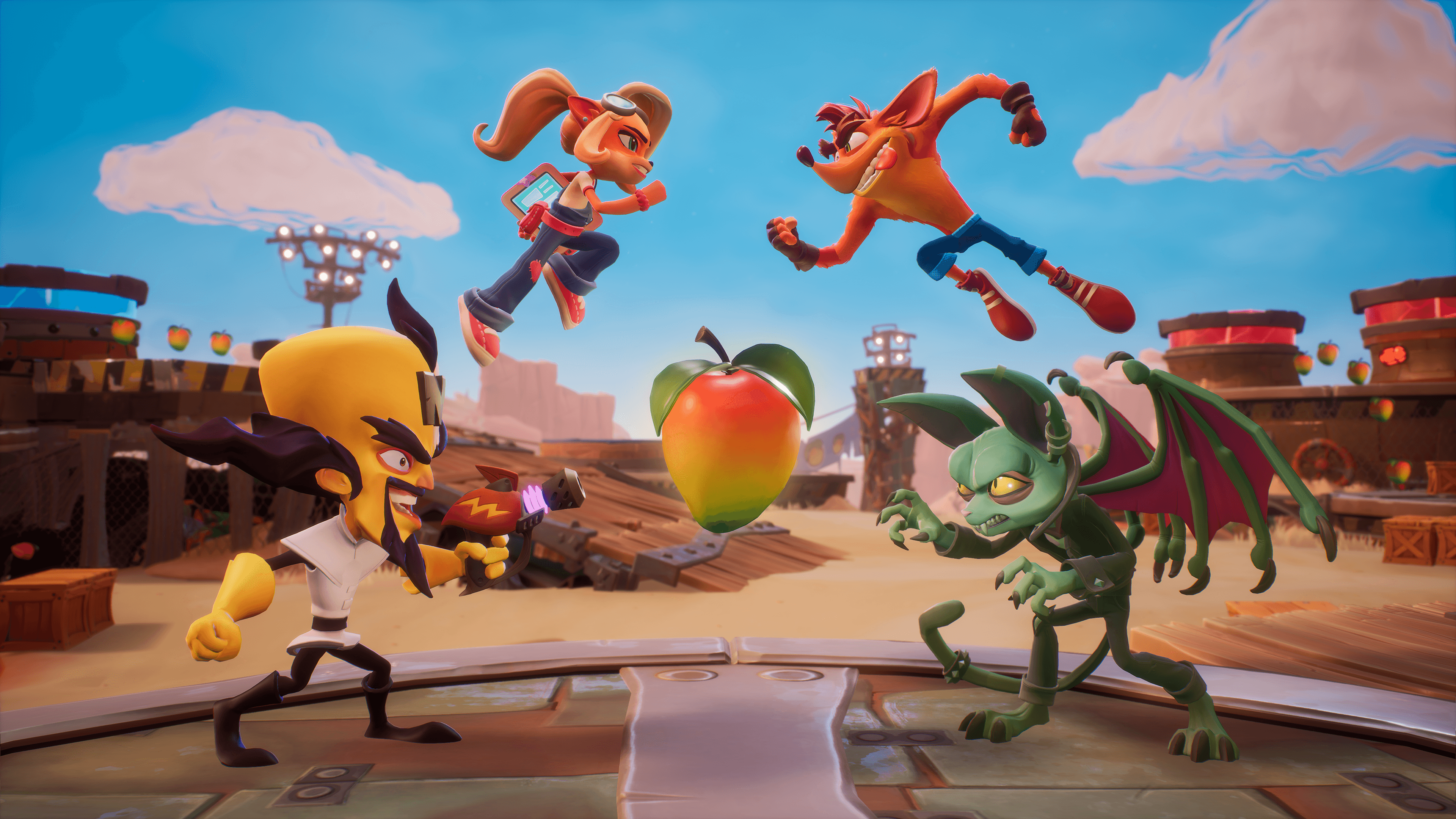 Crash Bandicoot et ses amis dans une scène de jeu, personnages en action.