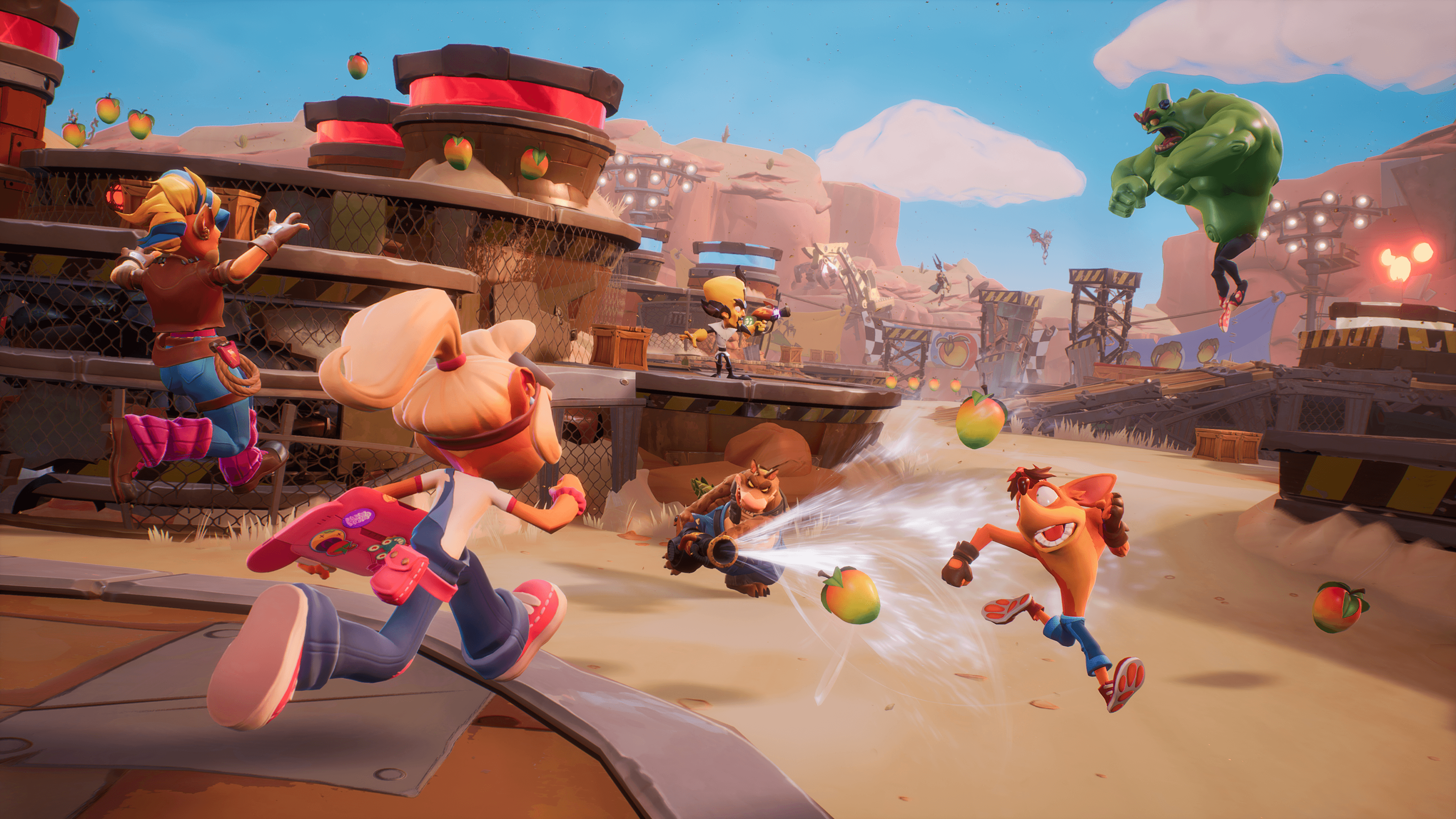 Des personnages de Crash Bandicoot courent dans un désert, ramassant des fruits.