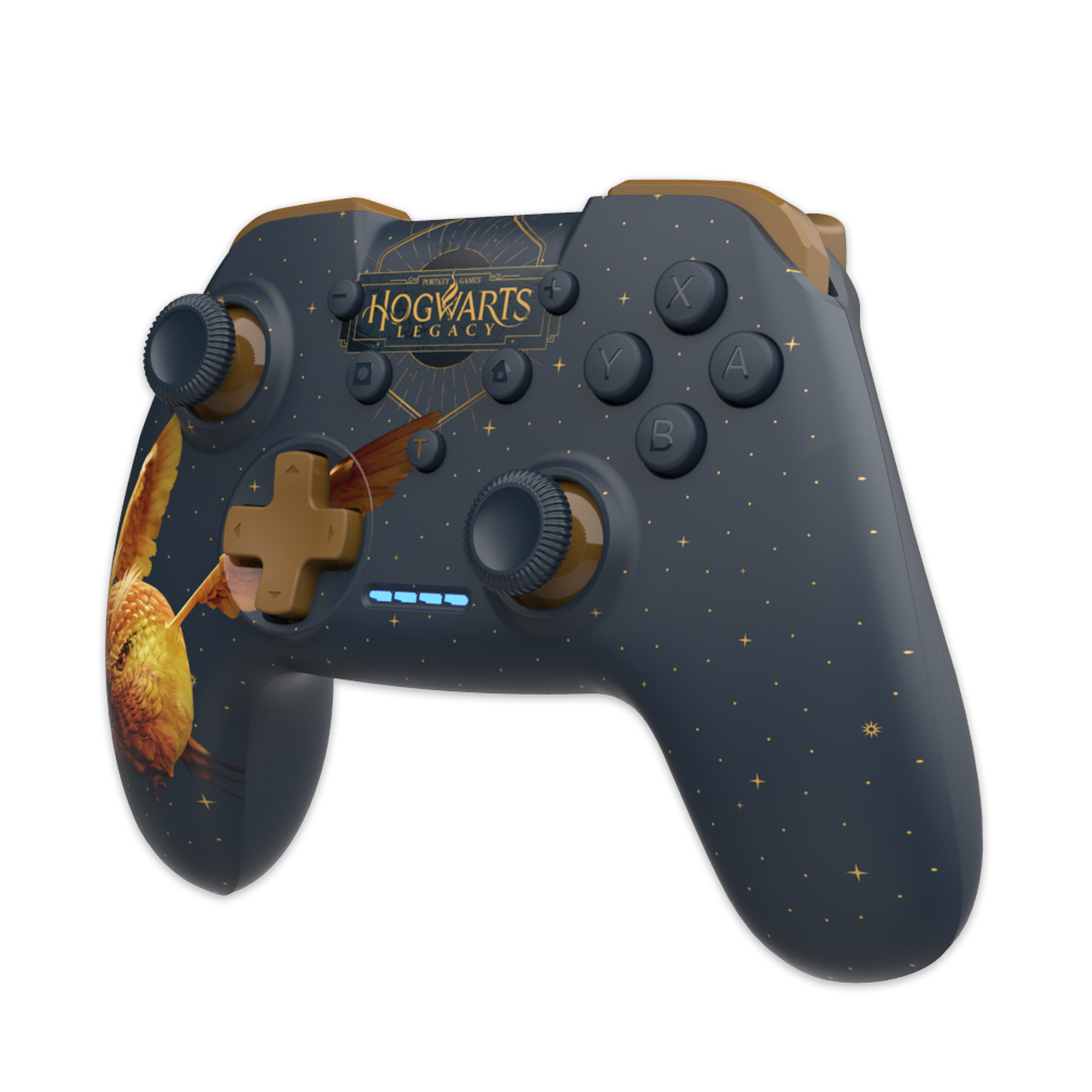 Gamecontroller mit Hogwarts-Design, goldenem Schnatz und Sternen auf dunklem Hintergrund.