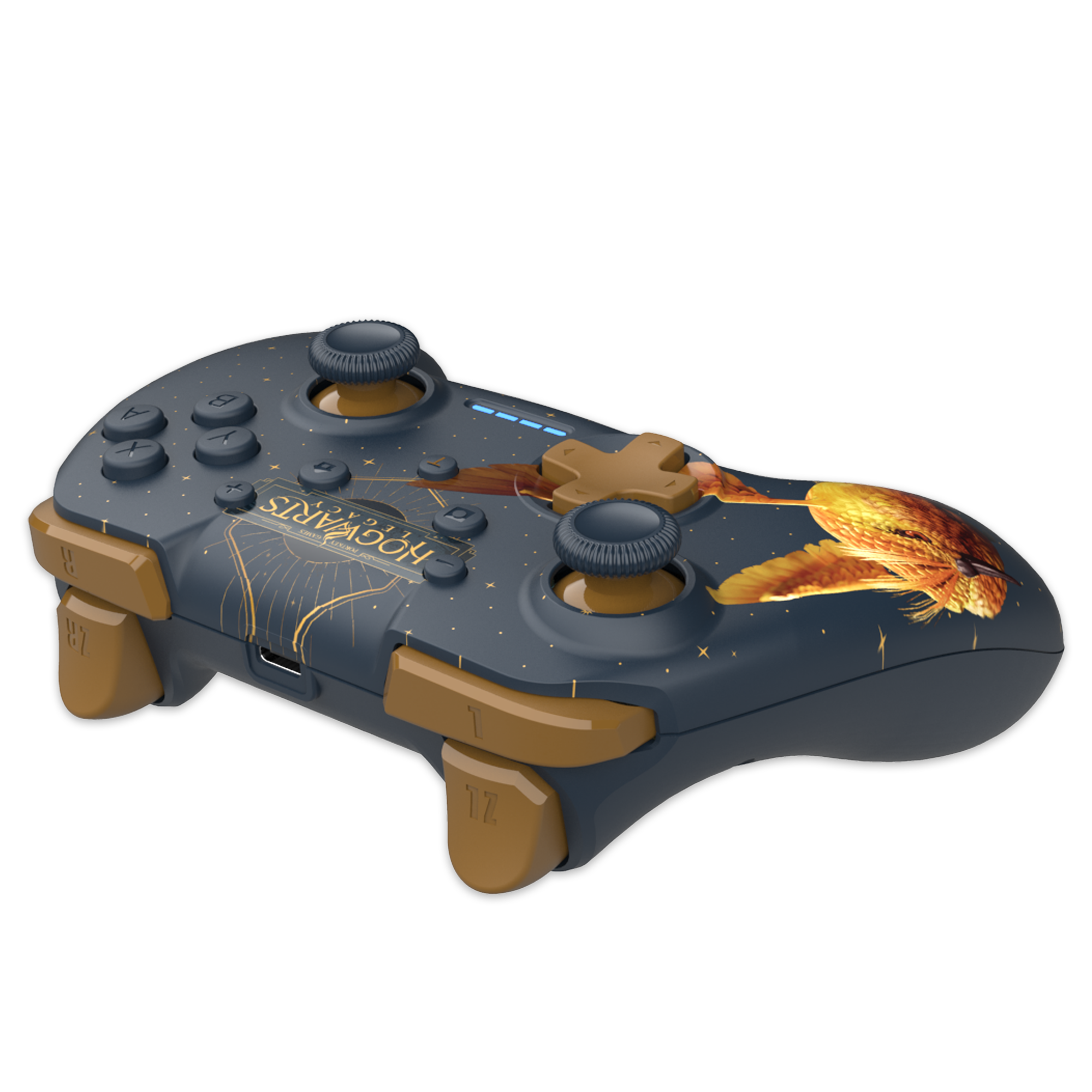 Ein dunkelblauer Gamecontroller im Hogwarts-Stil mit goldenen Akzenten, Knöpfen und zwei Joysticks.