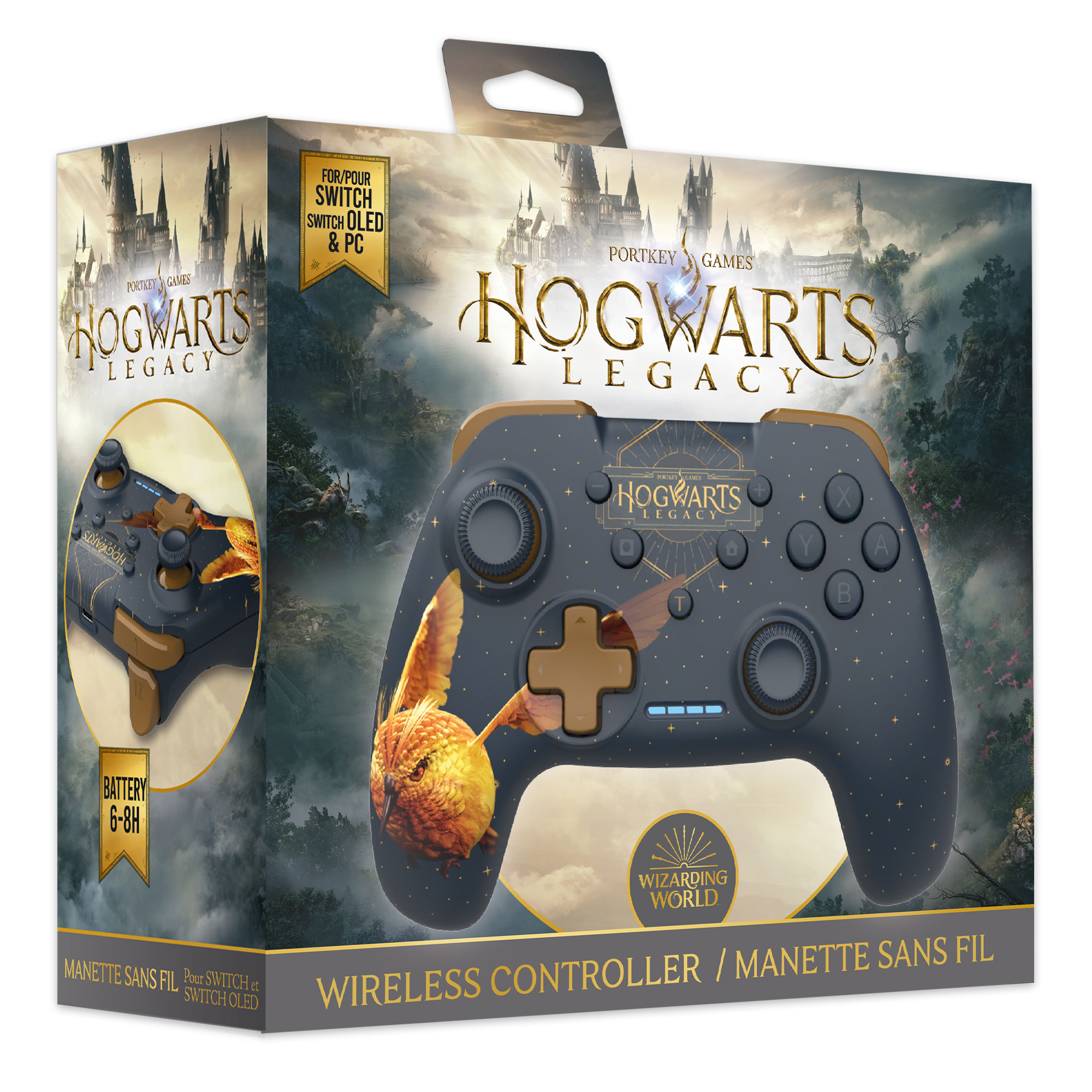 Schwarzer Wireless-Controller mit Hogwarts Legacy-Branding, goldenen Akzenten und einem fliegenden Wesen.