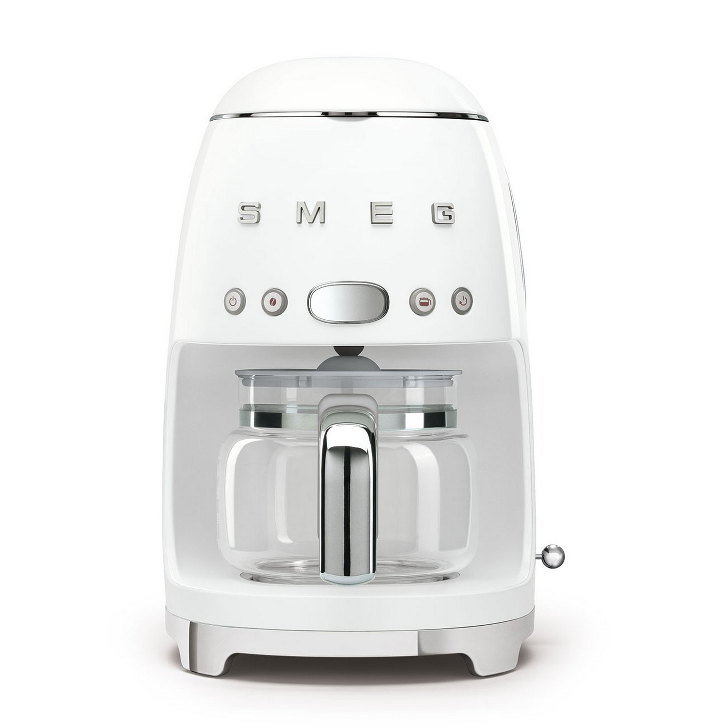 White SMEG coffee maker. It has a glass carafe and chrome accents. The buttons are visible.