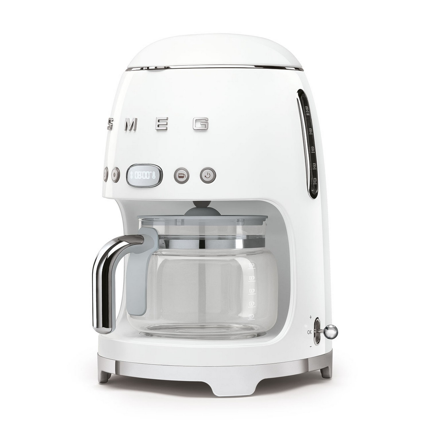 White coffee maker with a glass carafe. It has buttons and a digital display.
