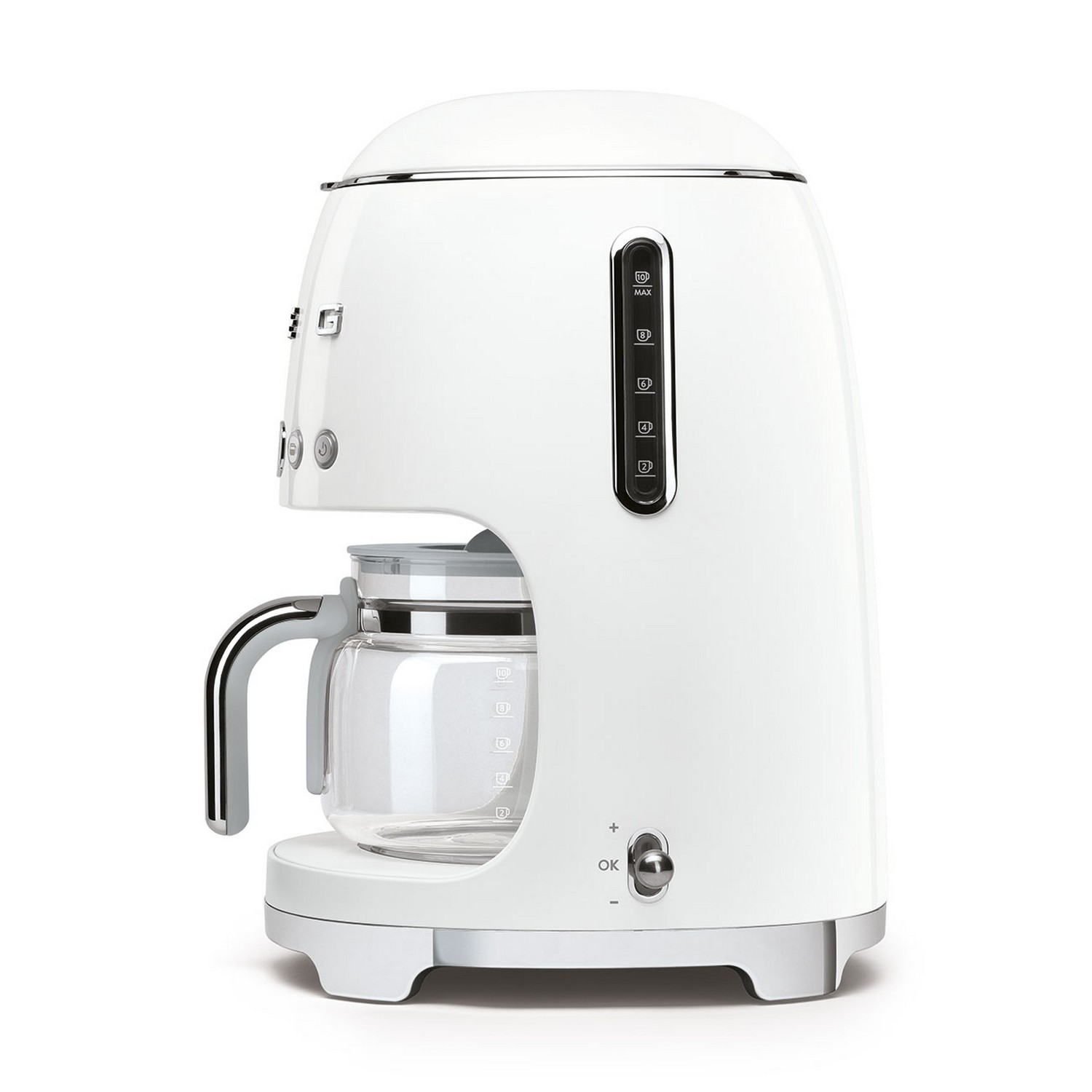 A white Smeg coffee maker, with a glass carafe, on a white background.