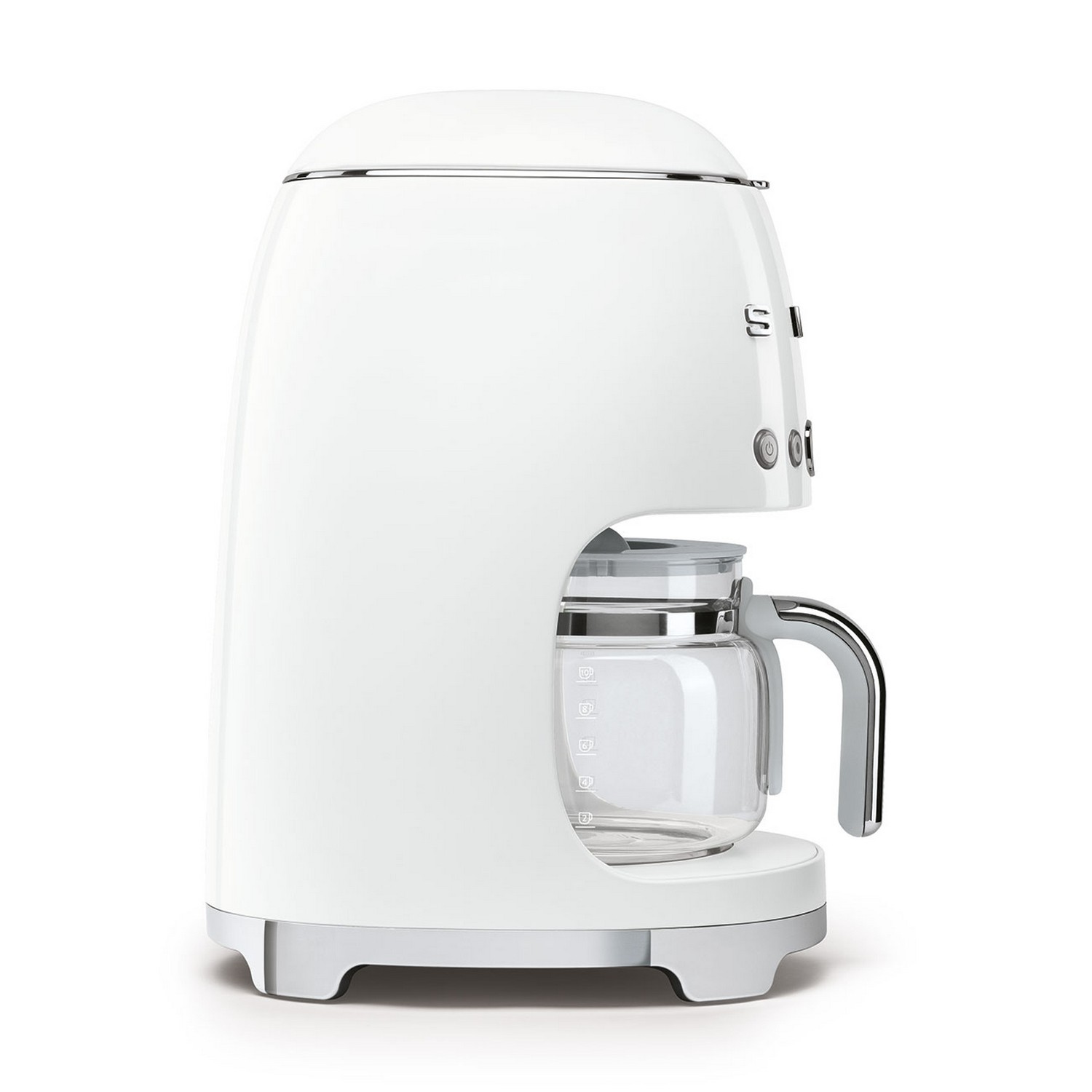 White Smeg coffee maker with a glass carafe. Chrome accents and a side view.
