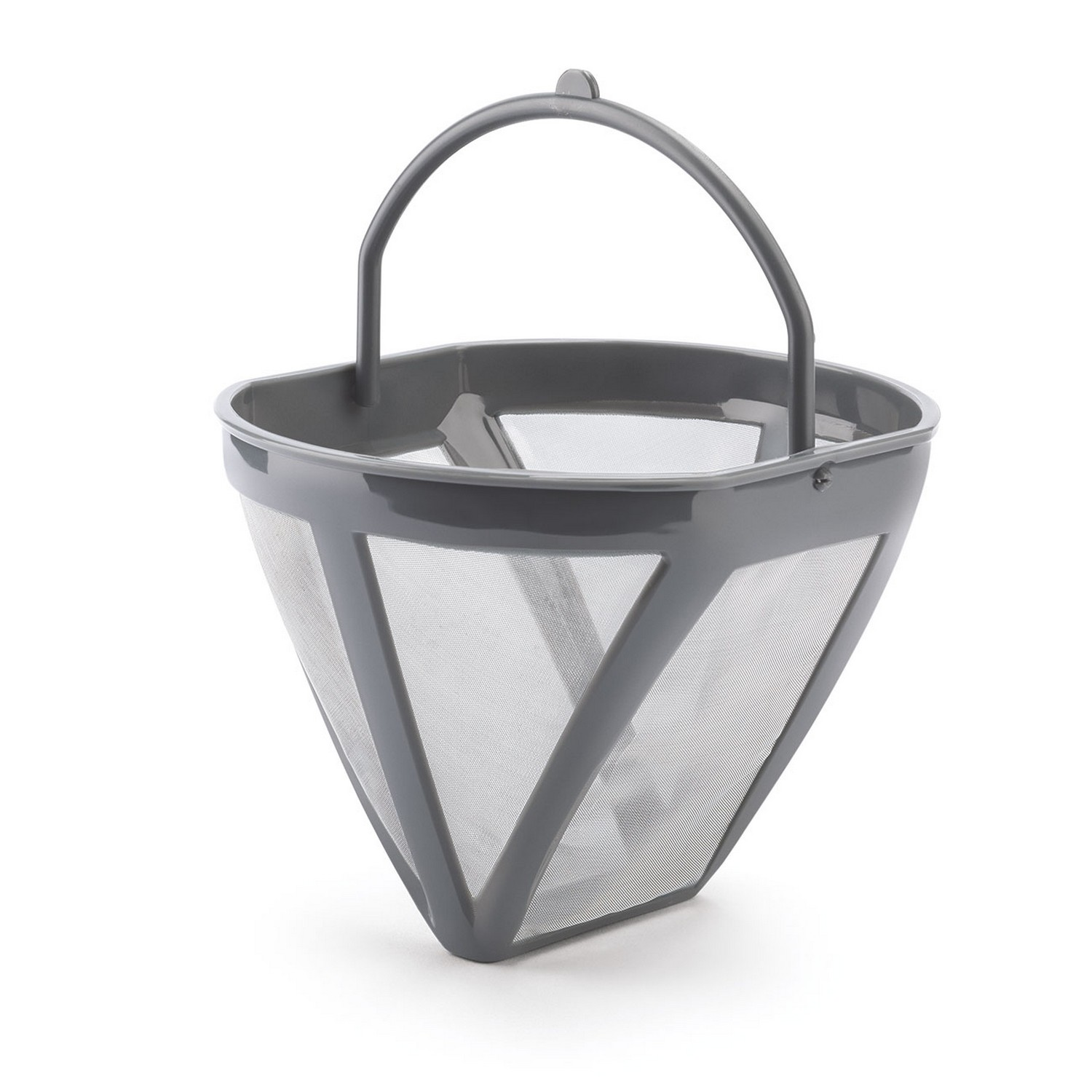 Gray, cone-shaped coffee filter with a handle, white background.