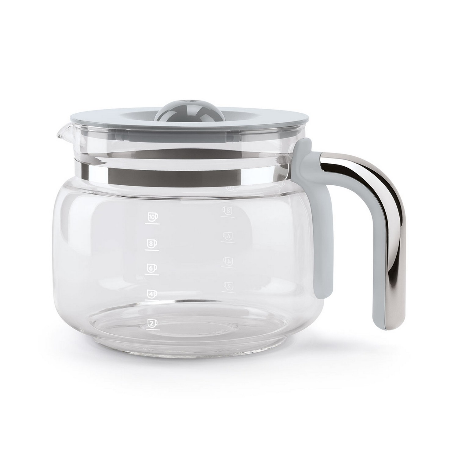 Glass coffee pot with a white lid and handle.