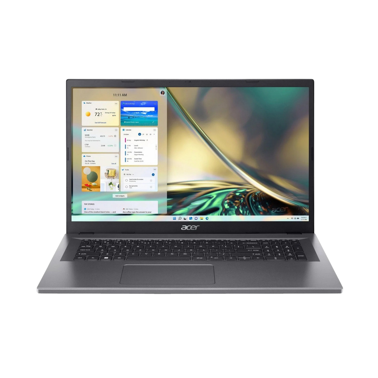 Zilveren laptop open op een zwart oppervlak. Het scherm toont een bureaubladweergave met een kalender en widgets.