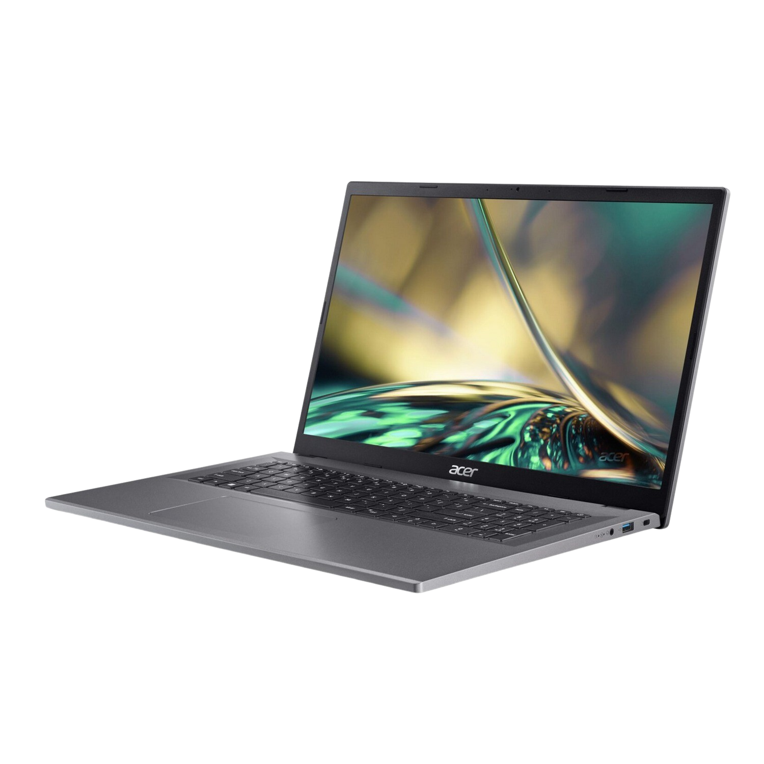 Acer laptop, schuine weergave. Zilverkleurig met open scherm, wazige achtergrond.