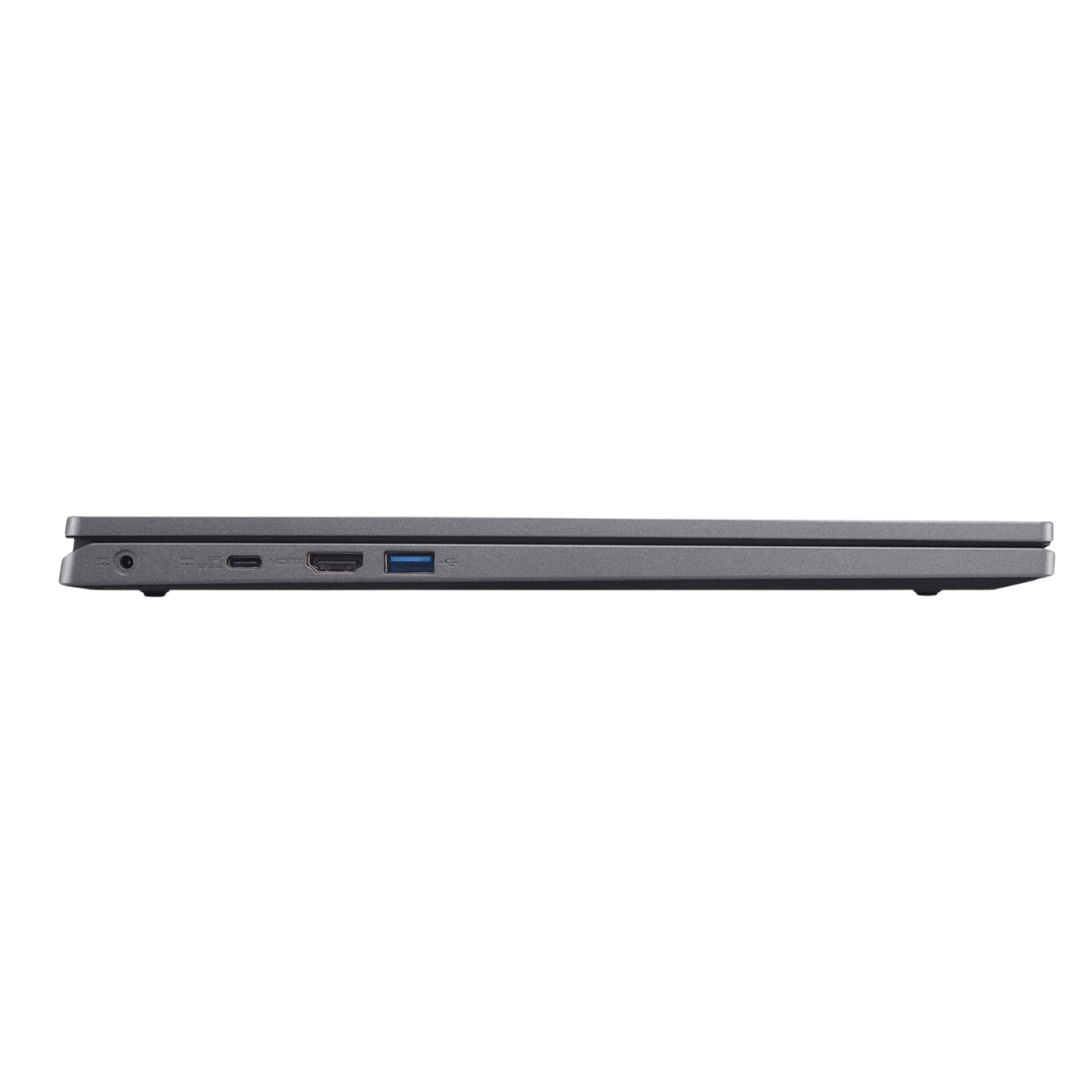 Zijprofiel van een gesloten laptop. Het is grijs met poorten aan één kant en zwarte achtergrond.