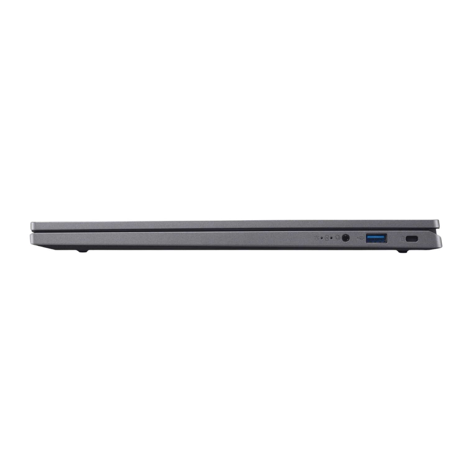 Zijaanzicht van een grijze laptop met zichtbare poorten. Donkere achtergrond.