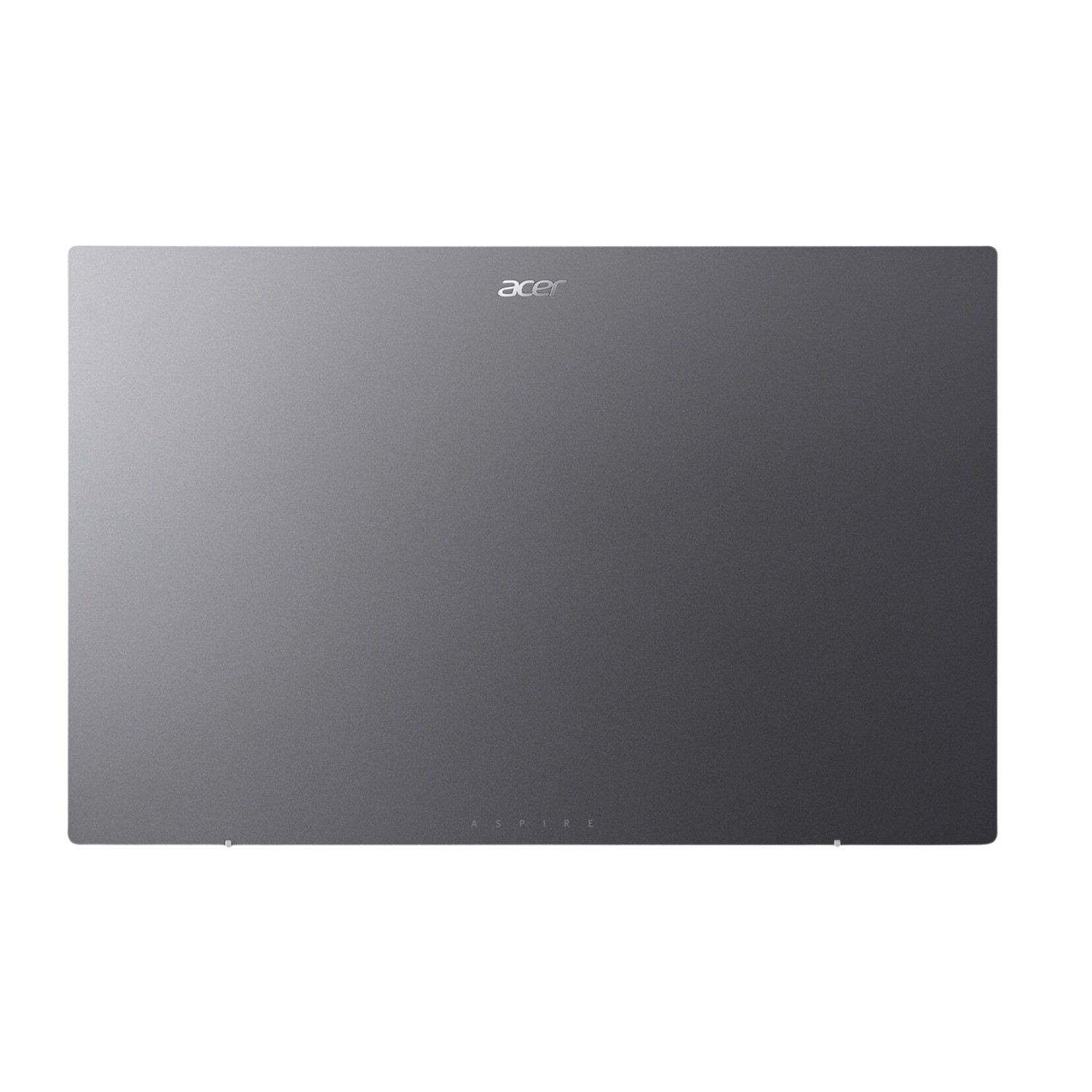 De achterkant van een zilveren laptop, met het woord 'acer' bovenaan.
