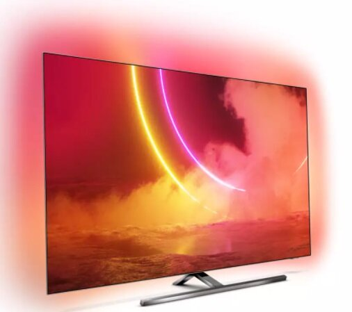 Duży telewizor z jasną, czerwono-pomarańczową i żółtą ramką neonową na białym tle.