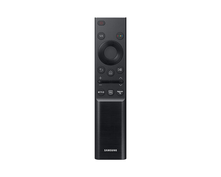 Czarny pilot Samsung z wieloma przyciskami, w tym Netflix i Prime Video. Logo Samsung na dole.