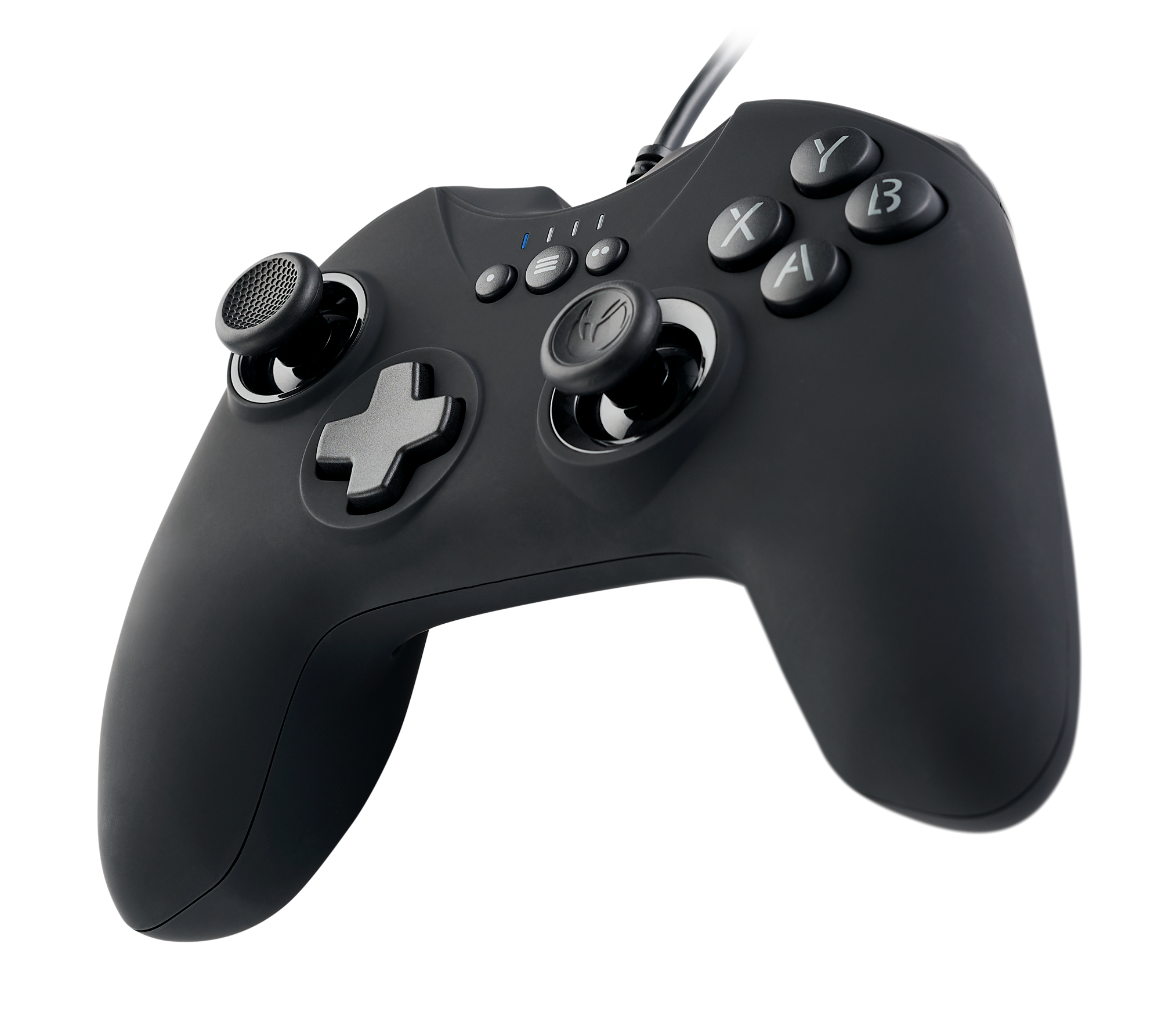Mando de juego negro con botones y joysticks.