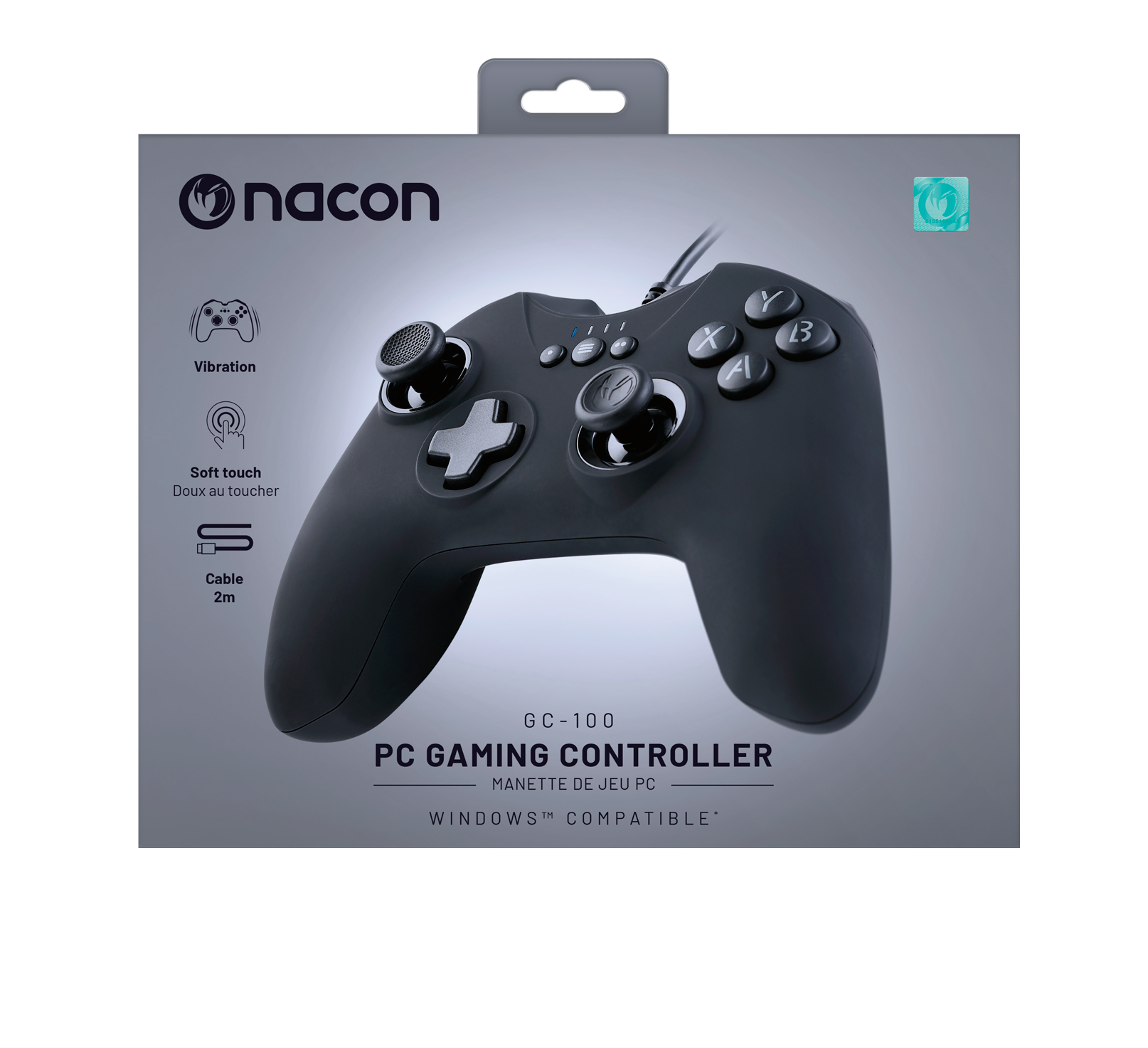 Mando de juegos para PC negro en su embalaje. Botones, joysticks y el logo de Nacon.