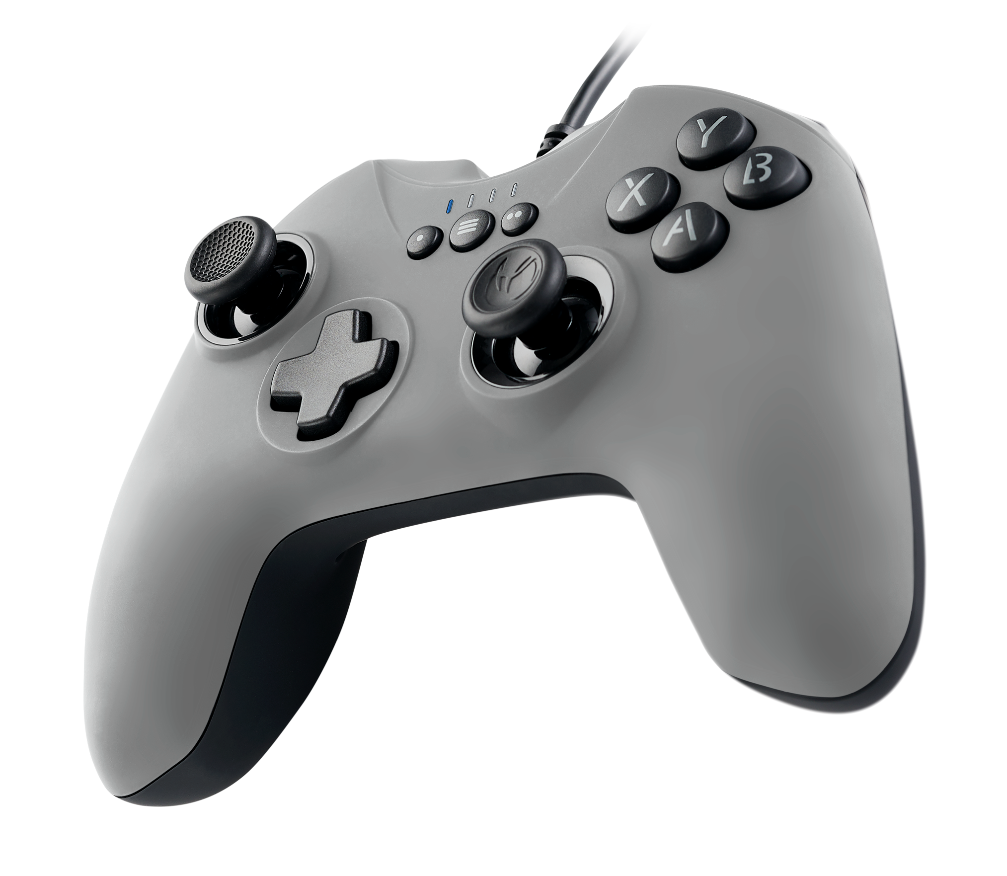 Mando de juego gris con botones negros. Vista superior, aislado sobre fondo negro.
