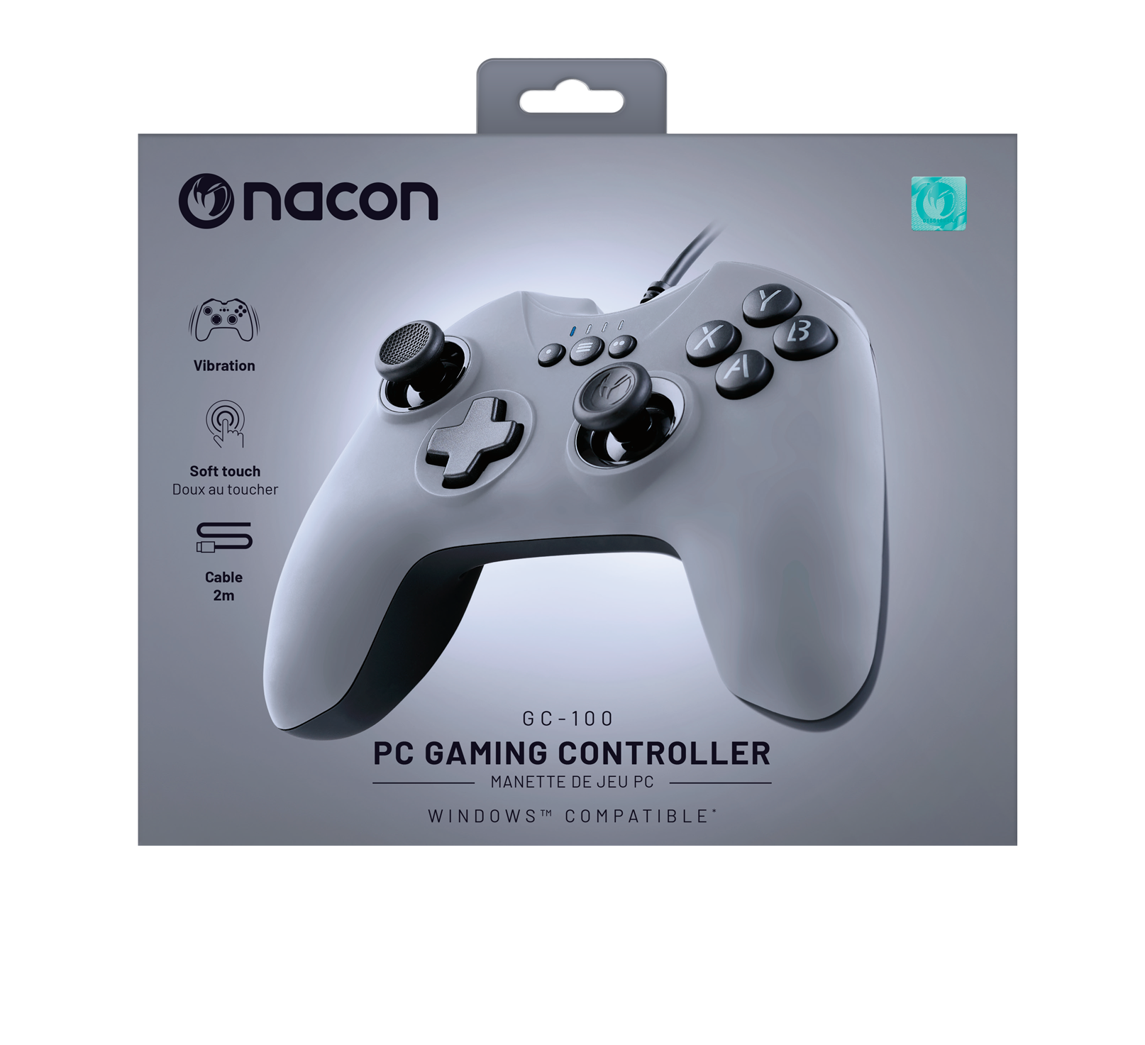 Un mando de juegos para PC blanco en una caja, con funciones y el nombre de la marca.