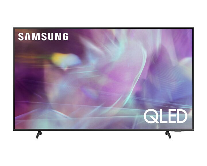 Czarny telewizor Samsung QLED z logo Samsung u góry.