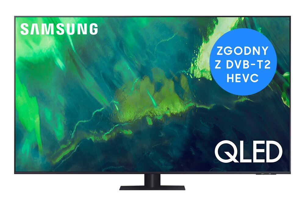 Telewizor Samsung QLED z zielono-żółtym abstrakcyjnym tłem.