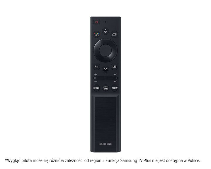 Czarny pilot Samsung. Posiada kilka przycisków, w tym zasilanie, głośność i Netflix.