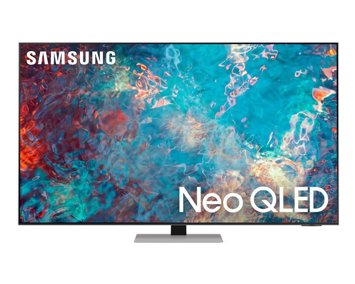 Telewizor Samsung Neo QLED. Ekran wyświetla kolorową sztukę abstrakcyjną.