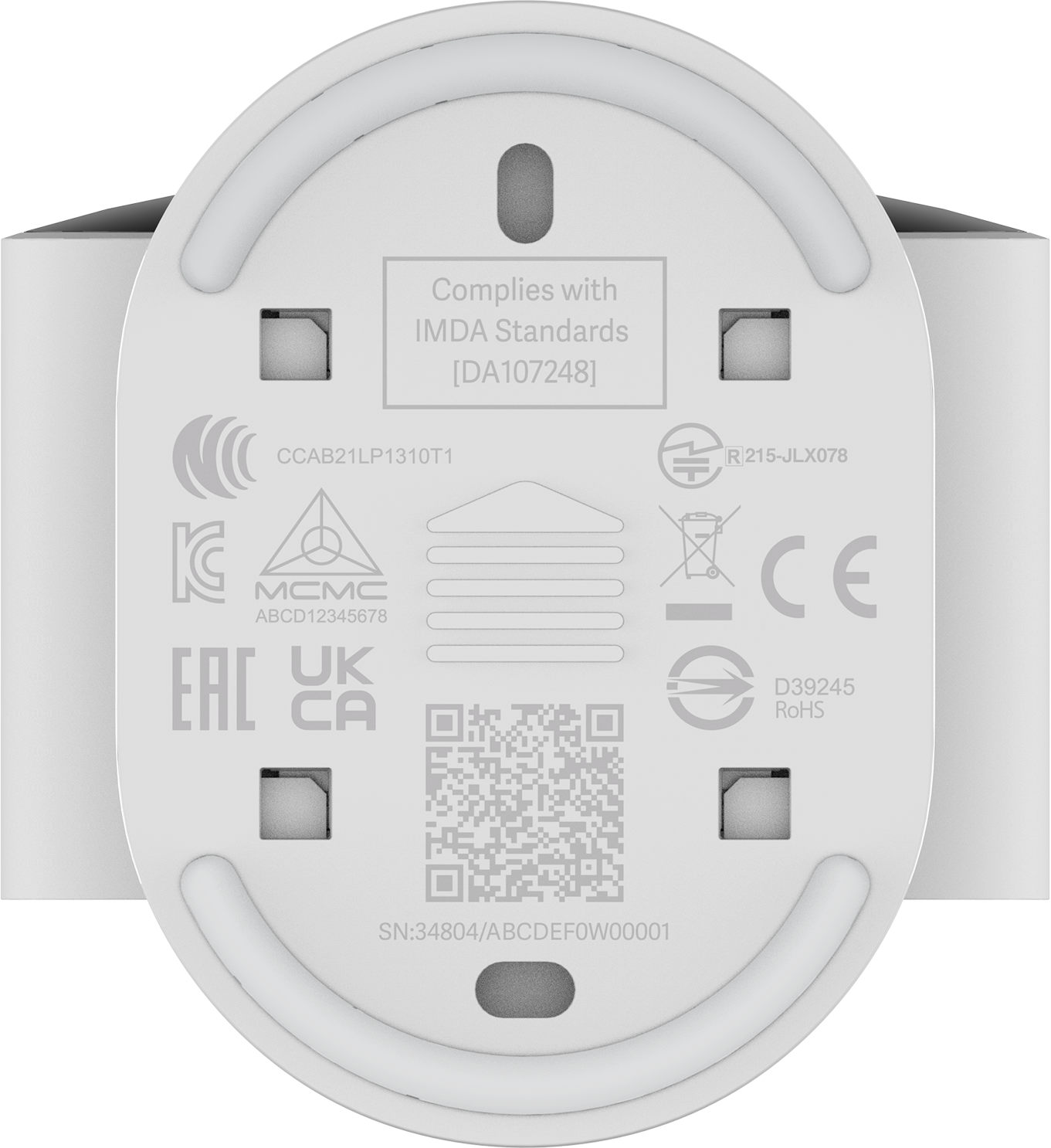 Componente elettronico bianco, circolare, con marcature e codice QR su sfondo bianco.