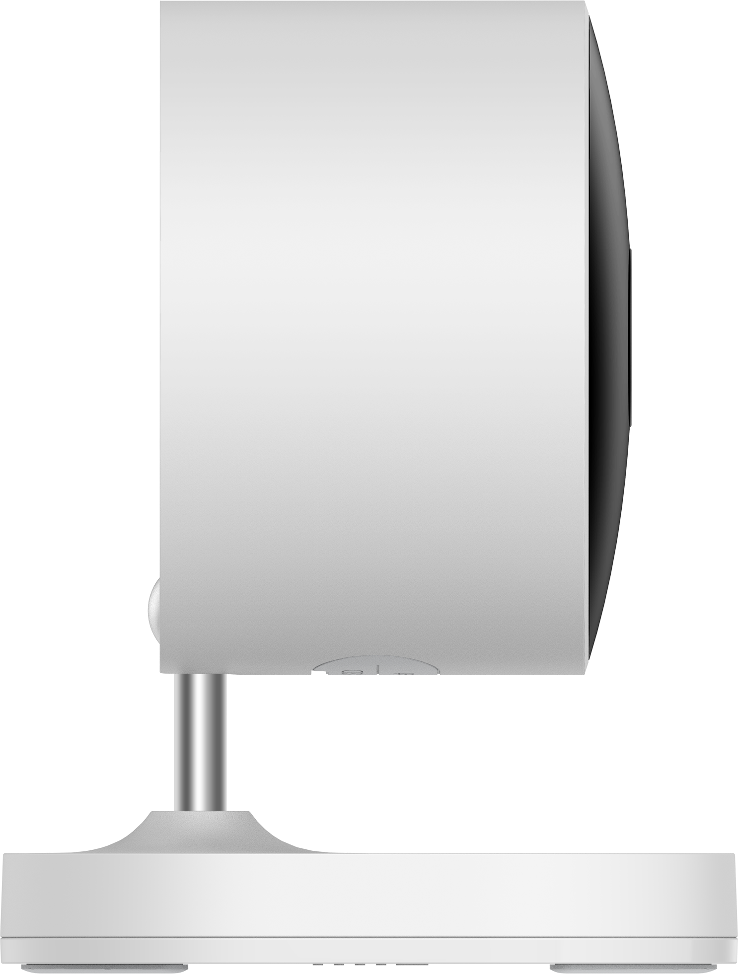 Telecamera di sicurezza bianca su supporto. Vista laterale, design semplice, obiettivo nero.