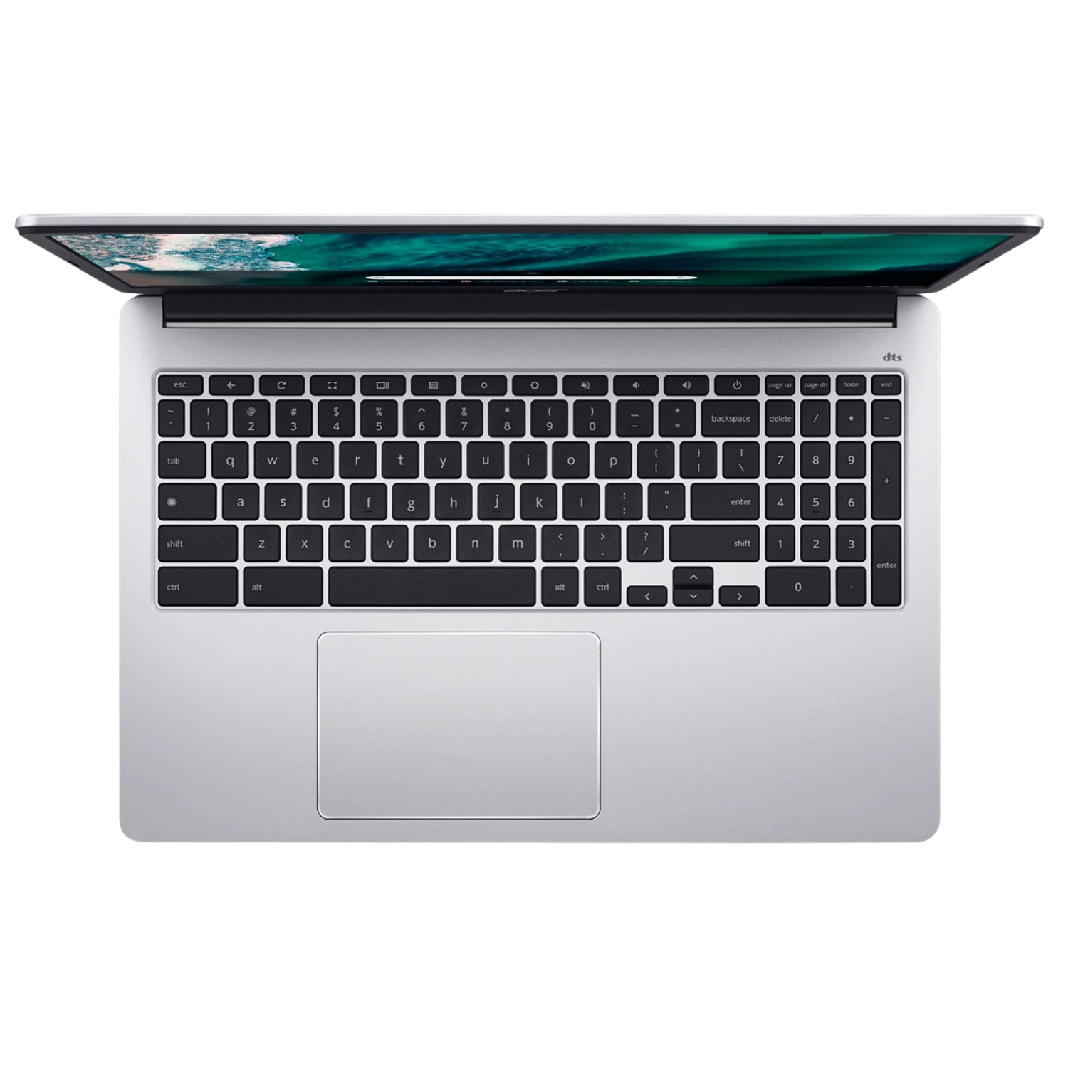 Bovenaanzicht van een zilveren laptop met een open scherm en toetsenbord.