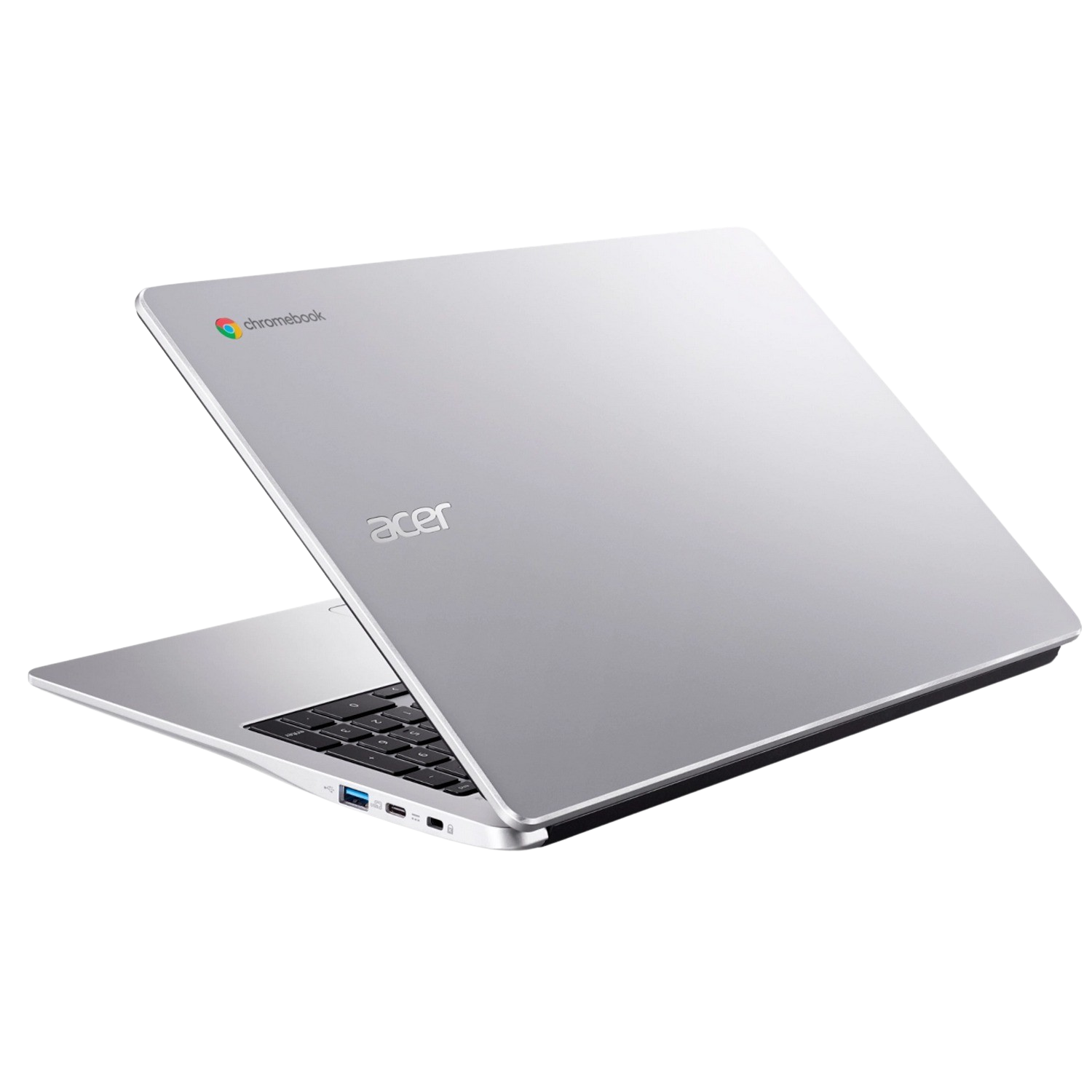 Zilveren laptop, open, met toetsenbord en scherm. Acer-logo zichtbaar.