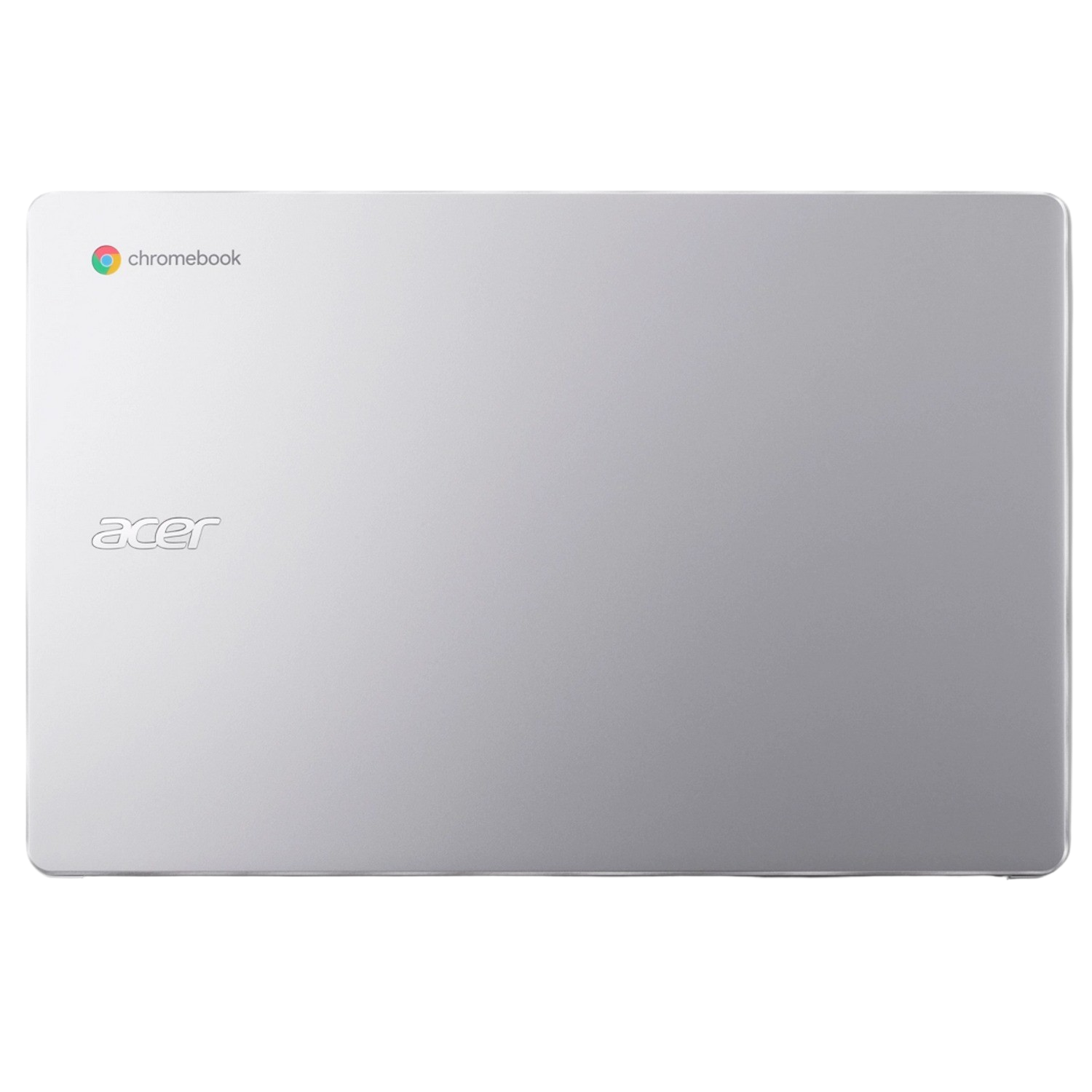 Zilveren Acer Chromebook, gesloten, met het Chromebook-logo en het Acer-logo.