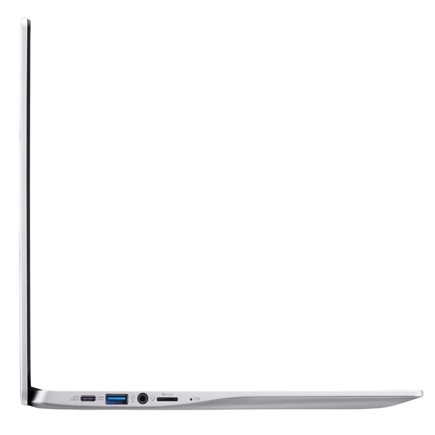 Zijaanzicht van een zilveren laptop met een zwart scherm. Poorten zijn onder meer USB en HDMI.