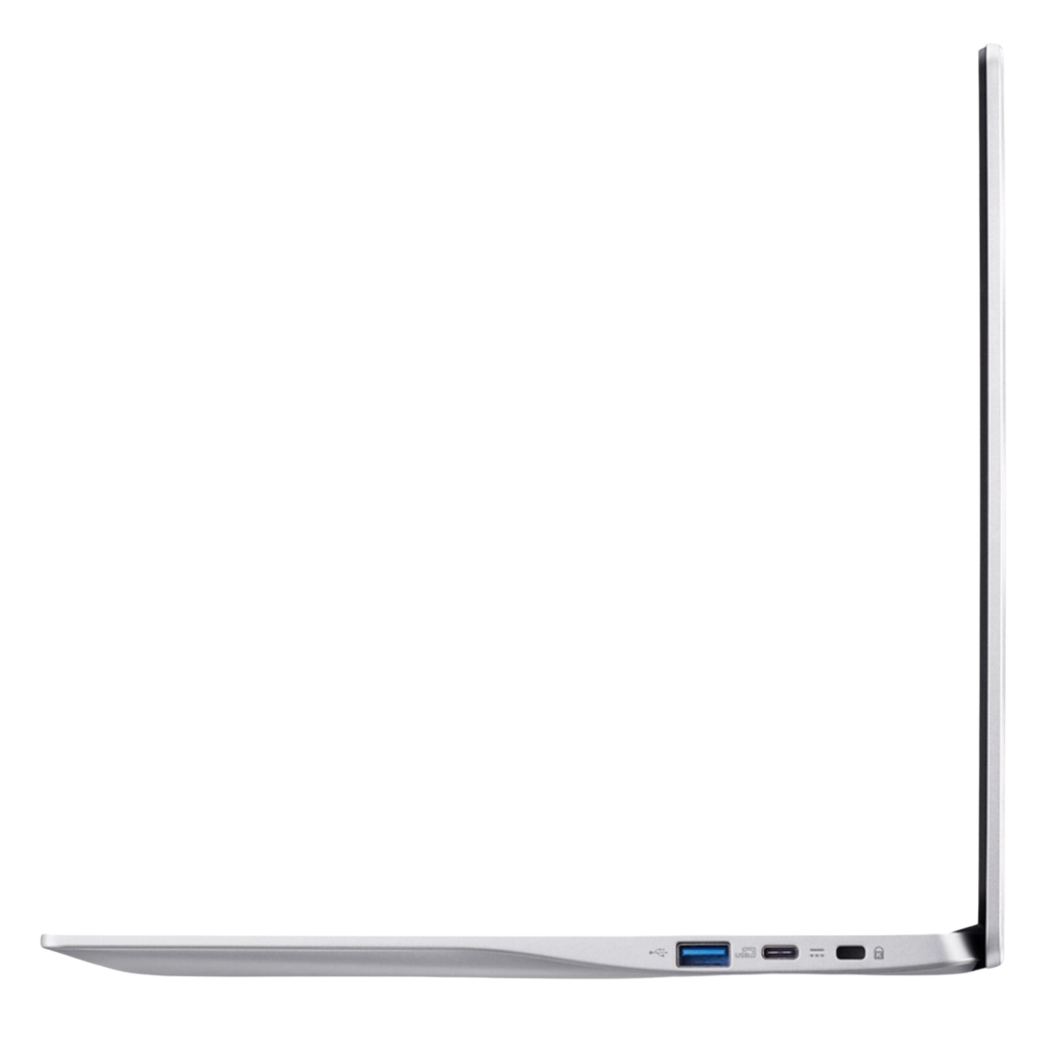 Zilveren laptop van de zijkant. Het scherm is gesloten en het profiel is slank.