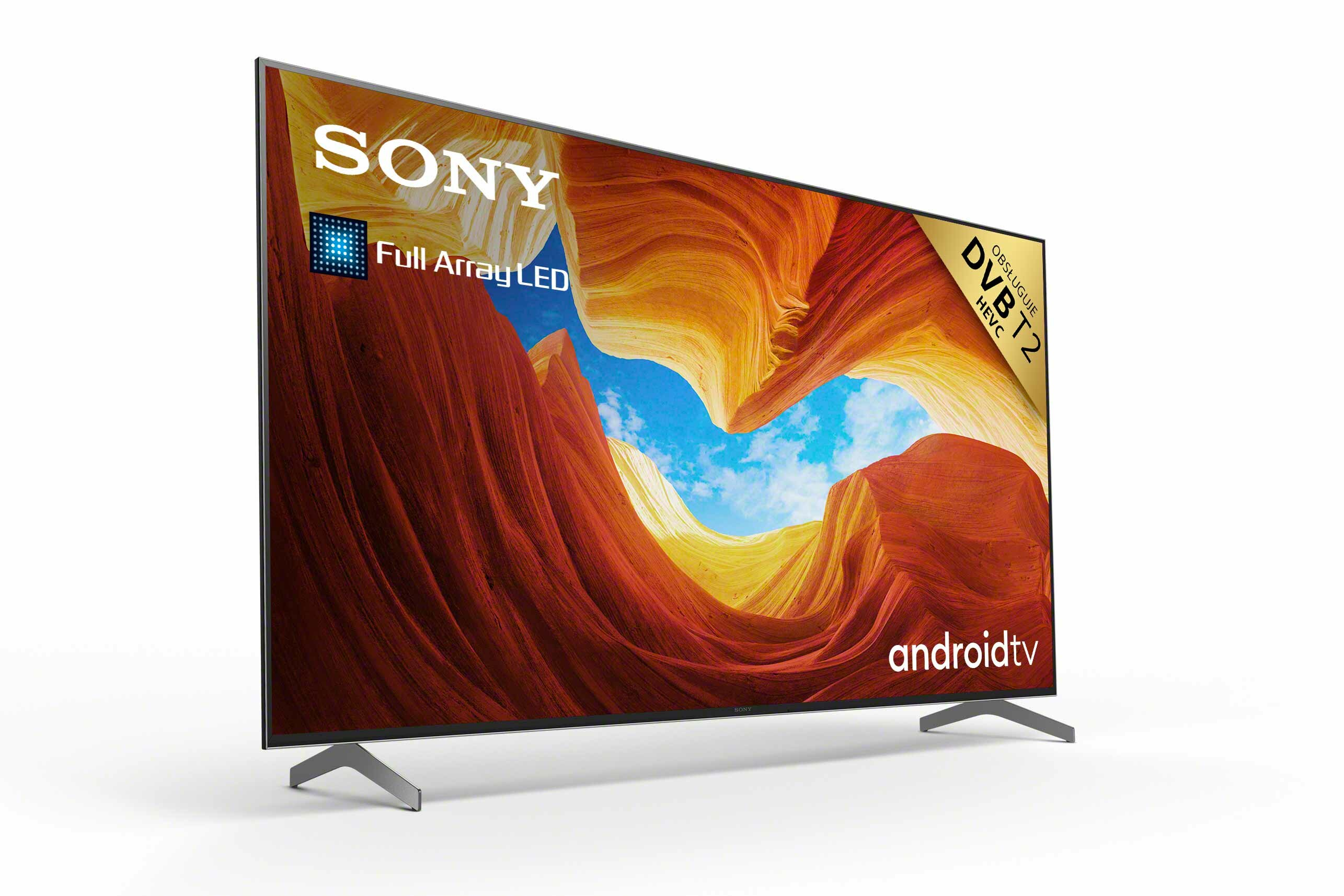 Telewizor Sony z żywym ekranem, wyświetlający krajobraz, na białym tle.