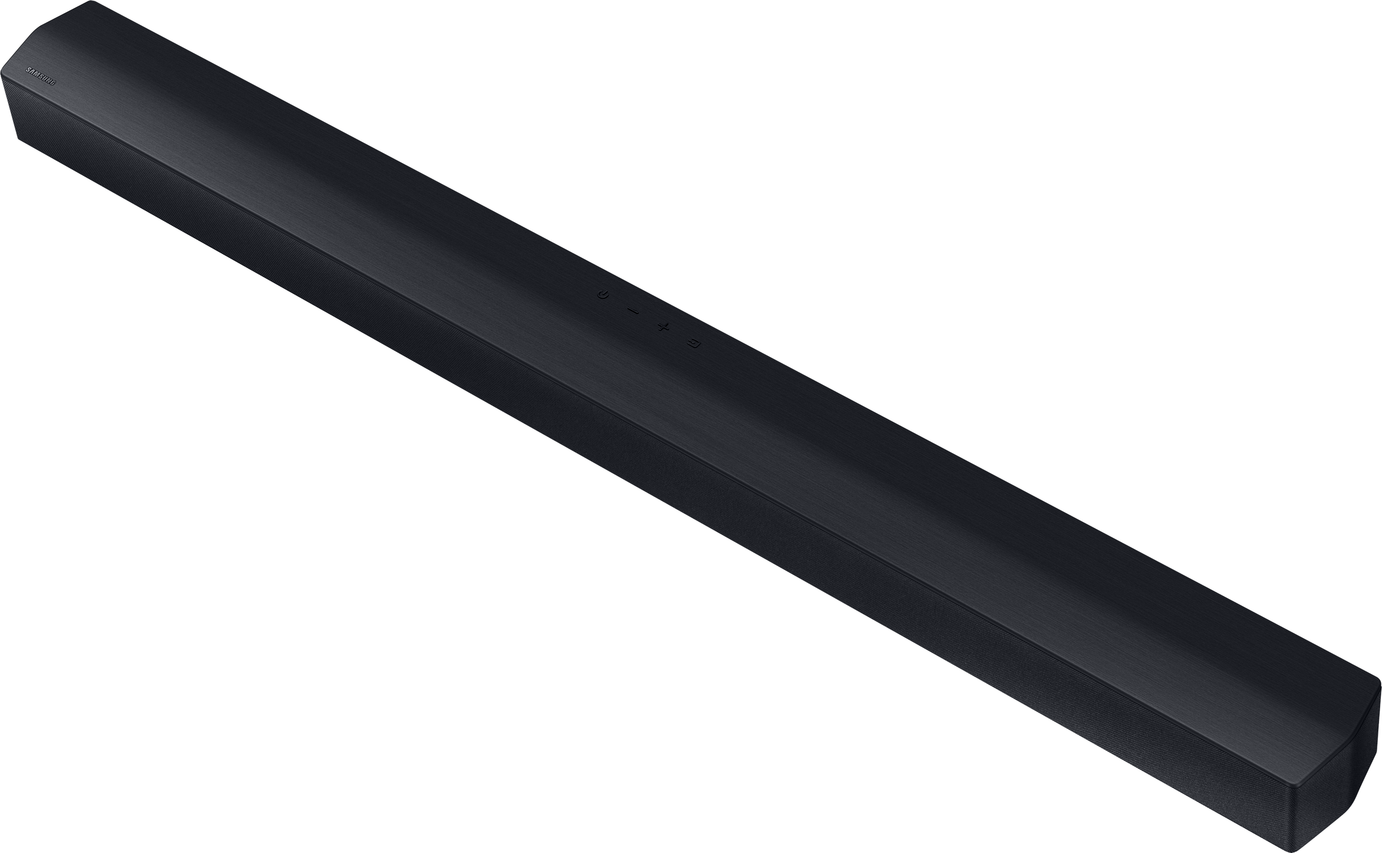 Egy fekete soundbar fekete háttér előtt. Téglalap alakú.