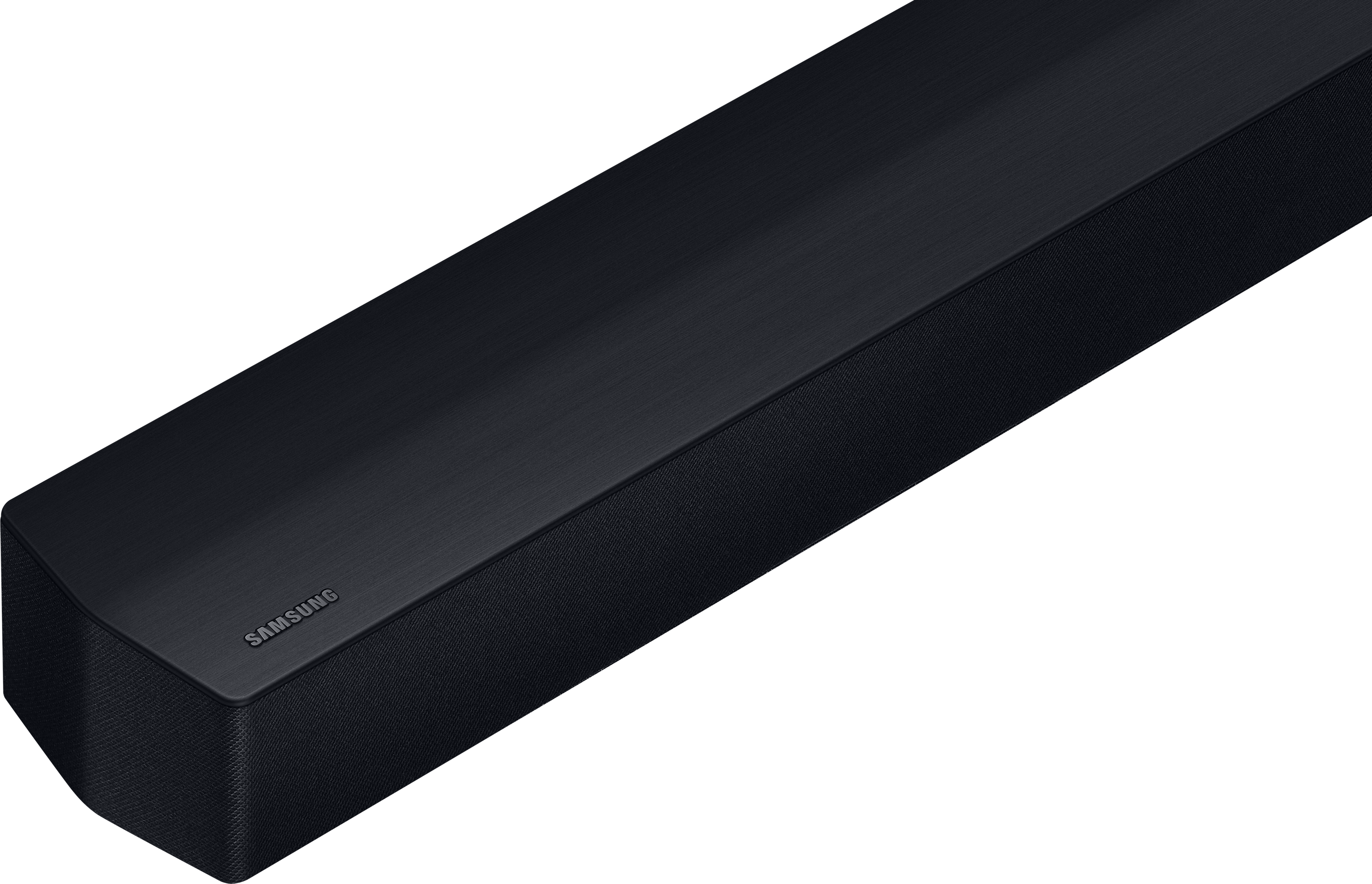 Fekete soundbar texturált felső felülettel. A 'Samsung' márkanév látható.