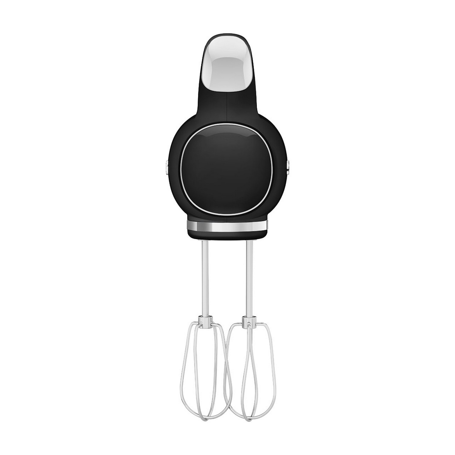 Zwarte handmixer met een zilveren band en gardes, bovenaanzicht.