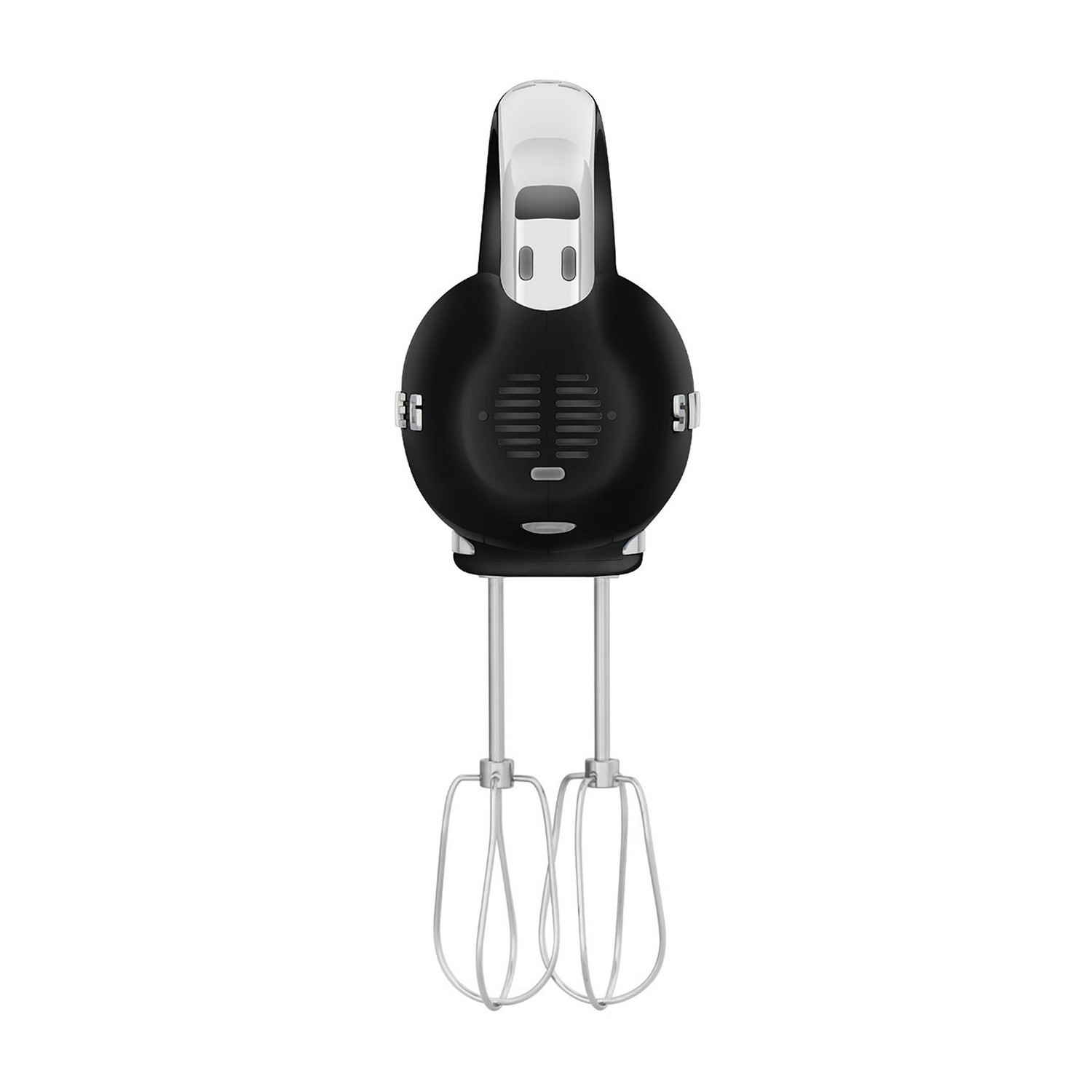 Een zwart-witte handmixer van Smeg. Het heeft een afgeronde vorm en twee gardes.