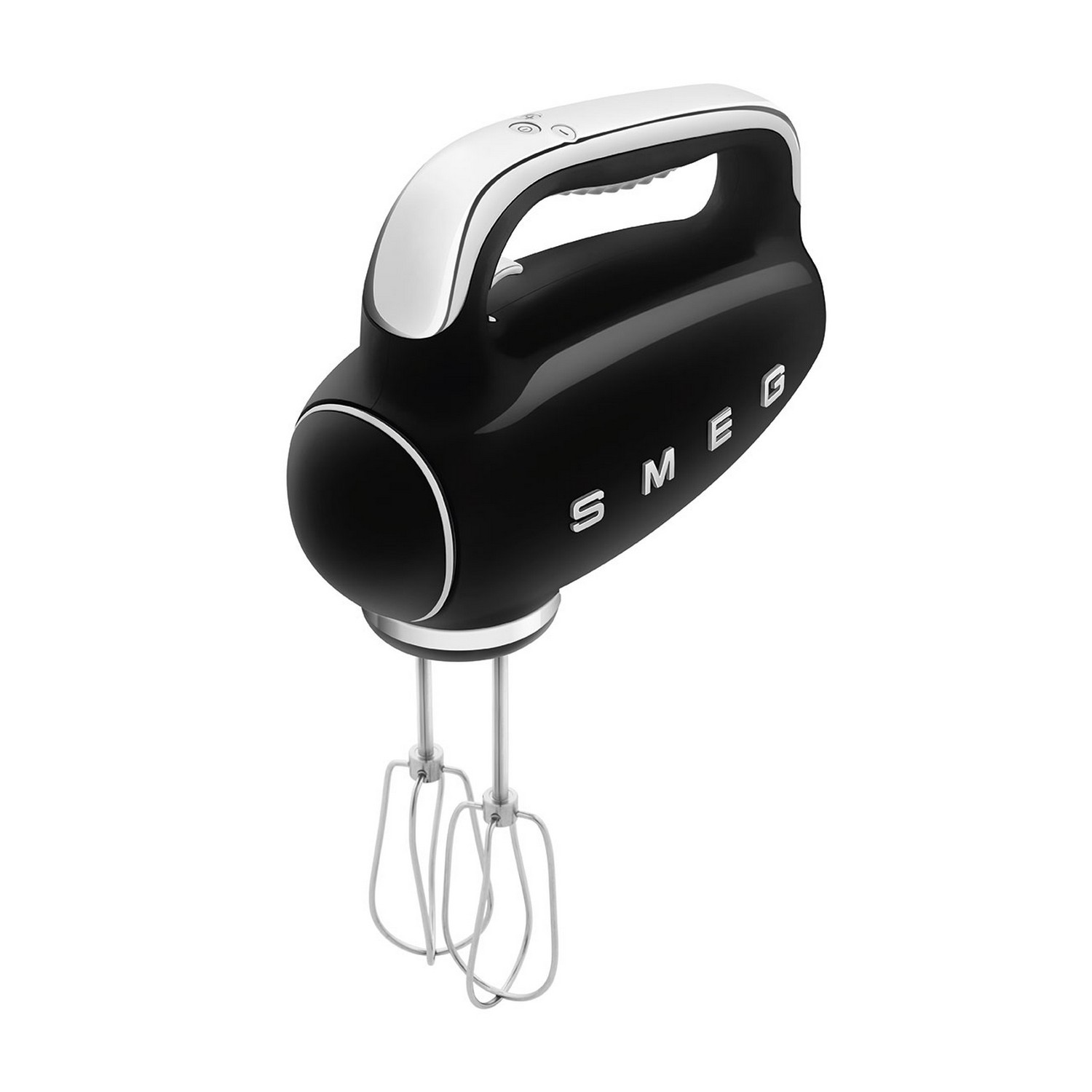 Een zwarte en zilveren handmixer met de merknaam SMEG erop gedrukt.