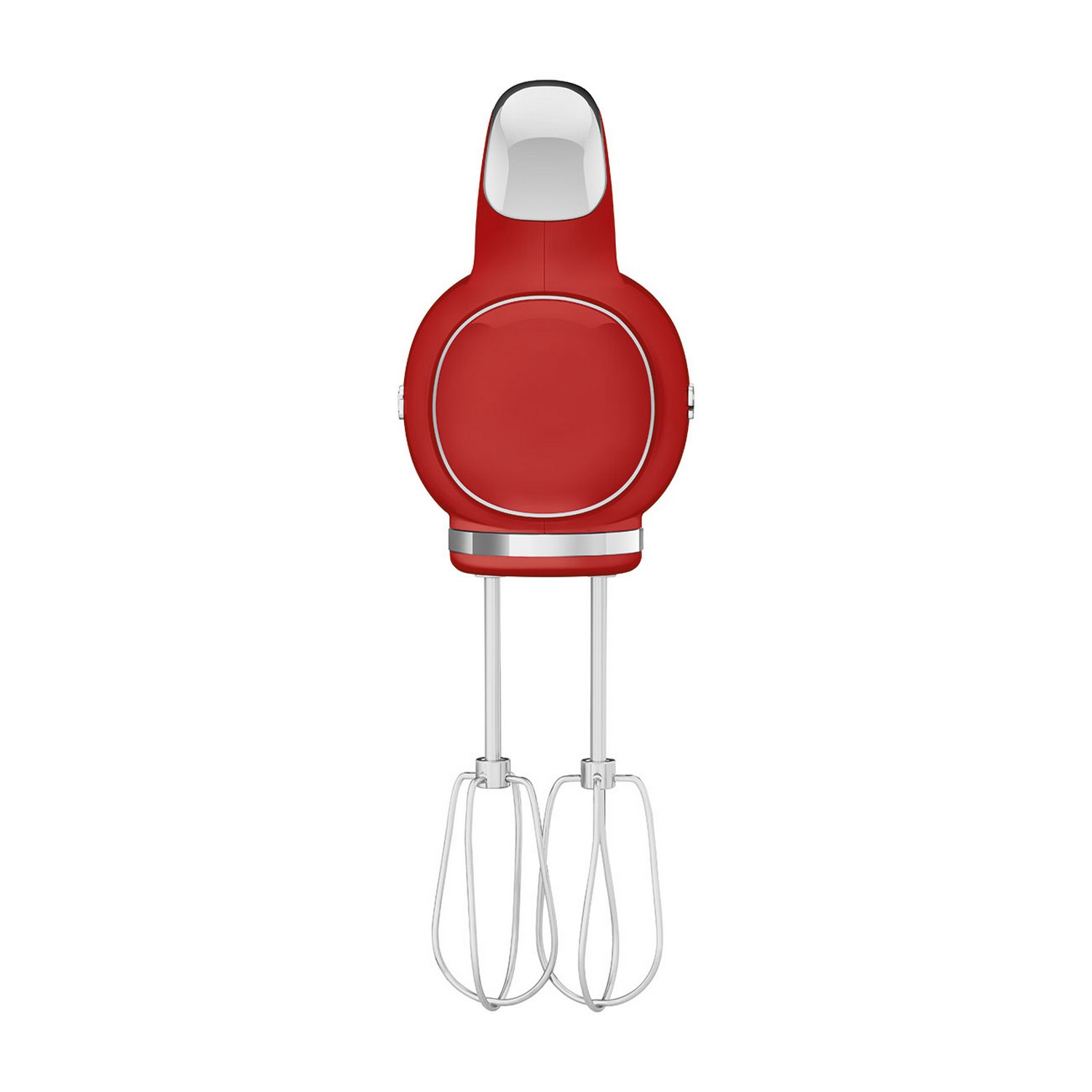 A red hand mixer with two wire beaters. White background.