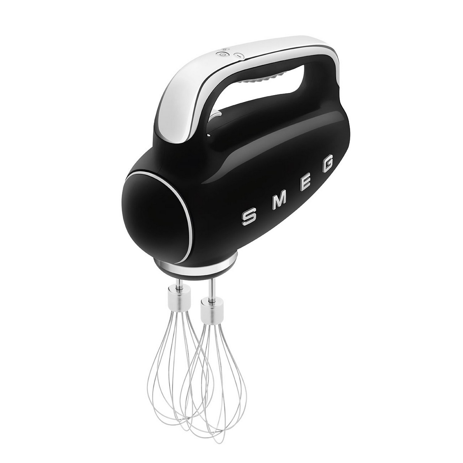 Een zwarte handmixer in retrostijl met witte accenten en zilveren gardes.