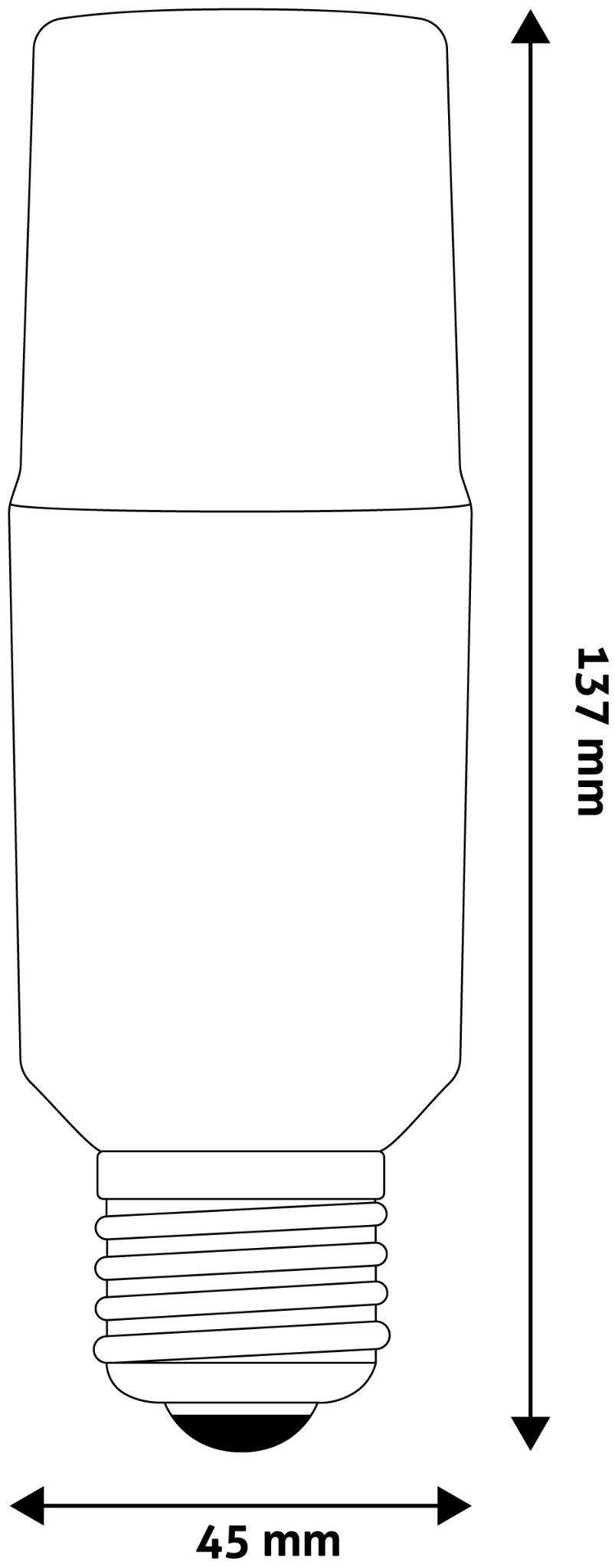 Hosszú, hengeres villanykörte vonalas rajza, 137 mm és 45 mm méretekkel.