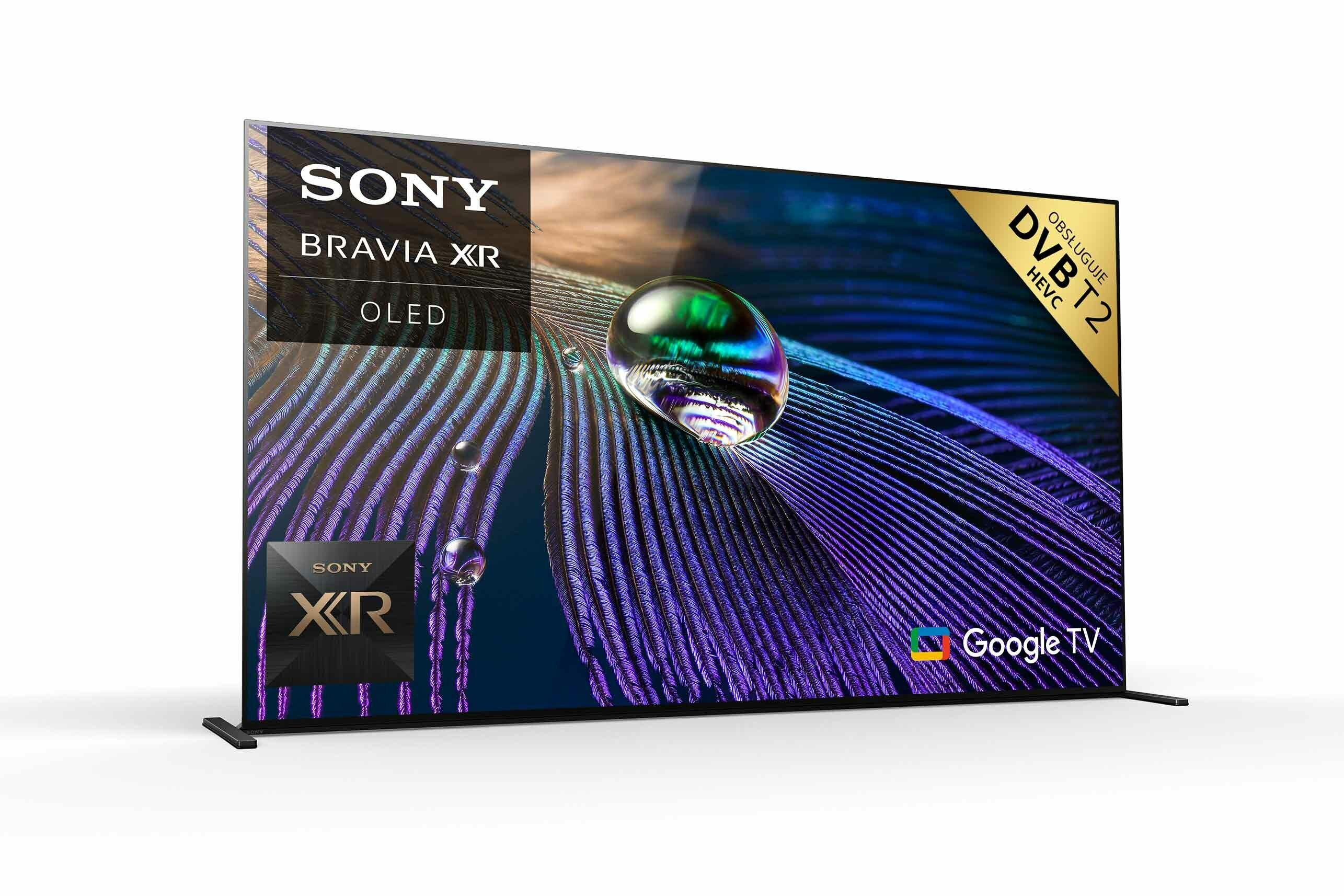 Telewizor Sony Bravia XR OLED. Wyświetlacz pokazuje kroplę wody na tle piór. Loga: Sony, Google TV.