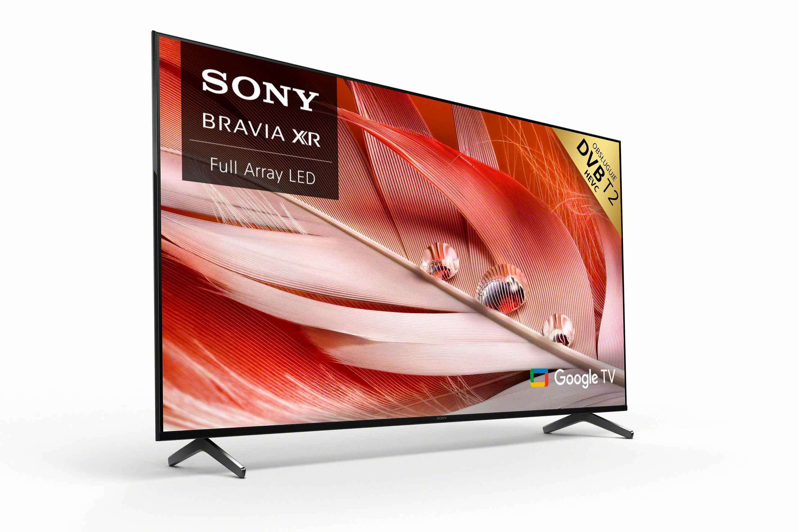 Telewizor Sony Bravia XR. Ekran wyświetla czerwono-biały wzór. Tekst: Sony, Bravia XR. Czarny stojak i ramka.