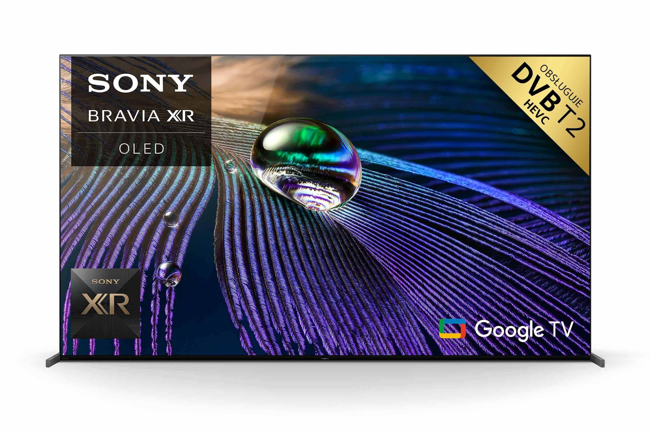 Telewizor Sony Bravia XR OLED wyświetlający kolorowy obraz. Widoczne logo Google TV i DVB T2.