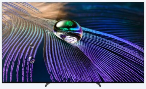 Ekran TV z grafiką kropli wody, odcienie niebieskiego i fioletu.