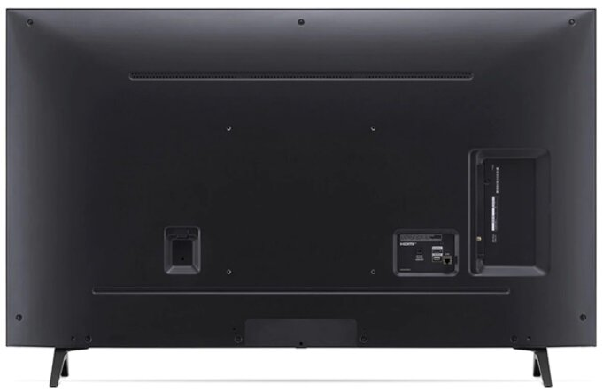 Tył czarnego telewizora ze złączami i podstawą, na białym tle.