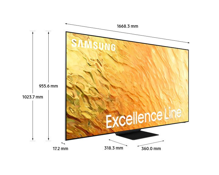 Duży ekran TV Samsung Excellence Line z wyświetlonymi wymiarami, na białym tle.